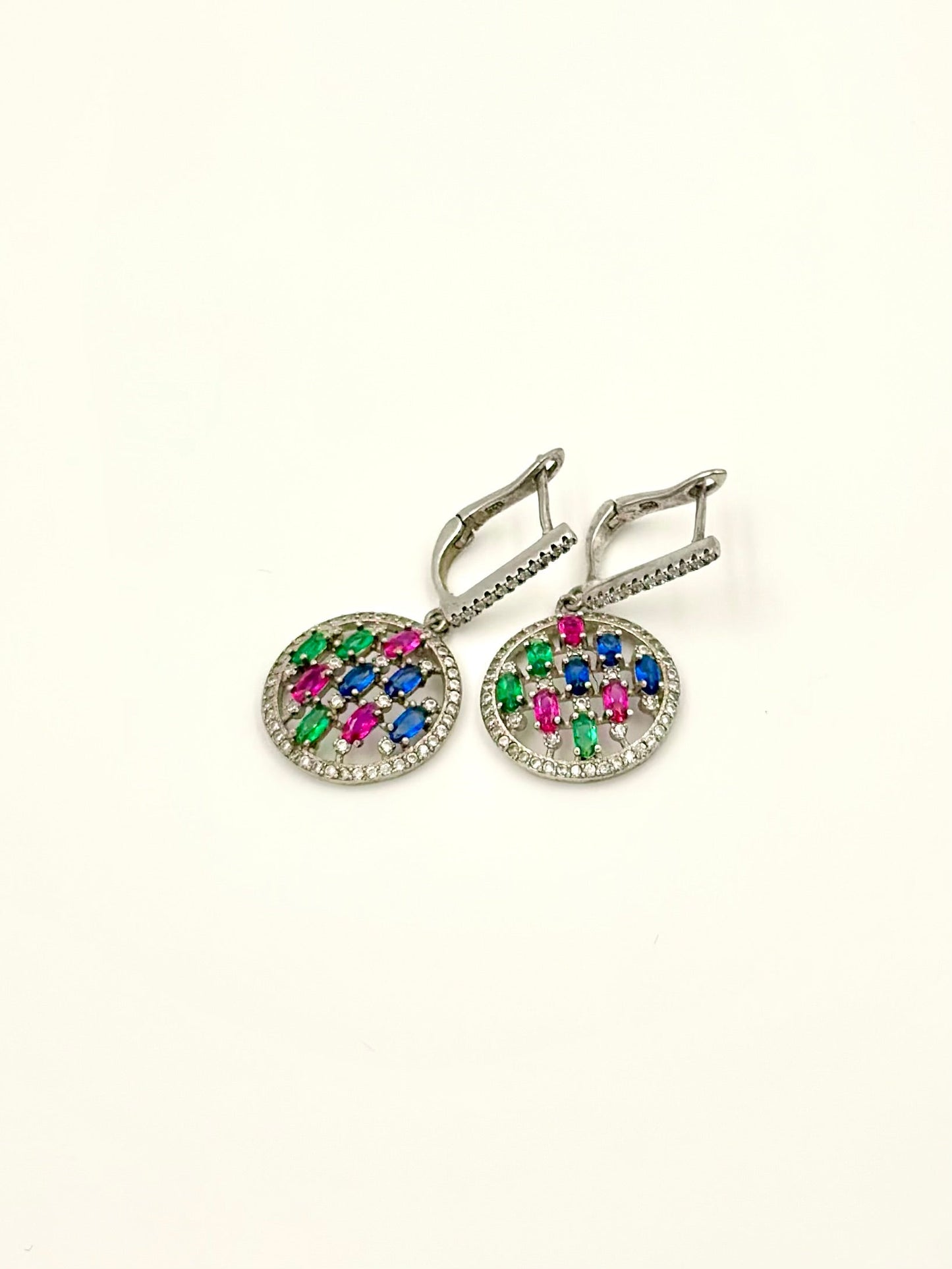 Multi-coloured stones and zircon studded sterling silver bali earrings