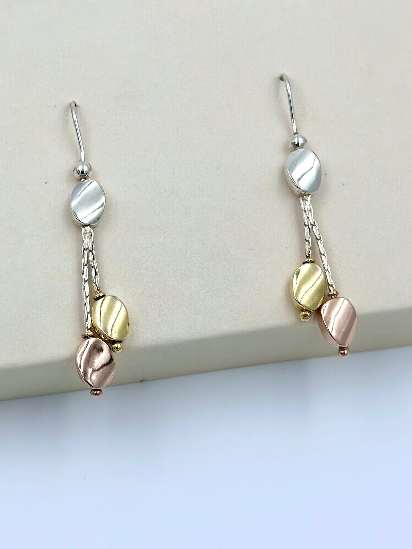 Silver, gold and rose gold mix coloured sterling silver drop earrings