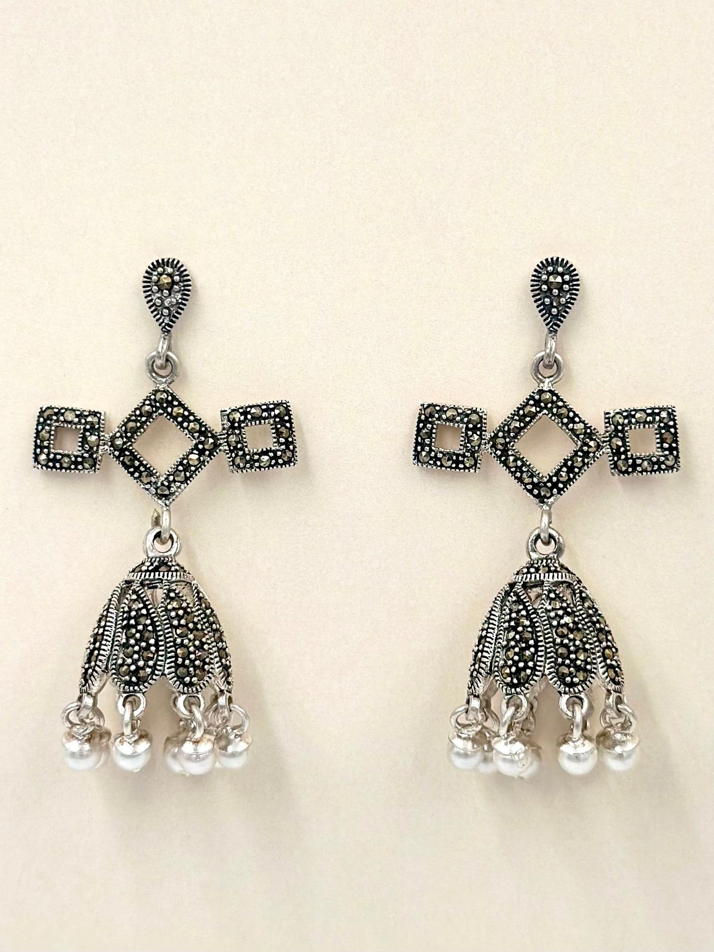 Golden stones studded, grain textured, oxidised, sterling silver jhumkas