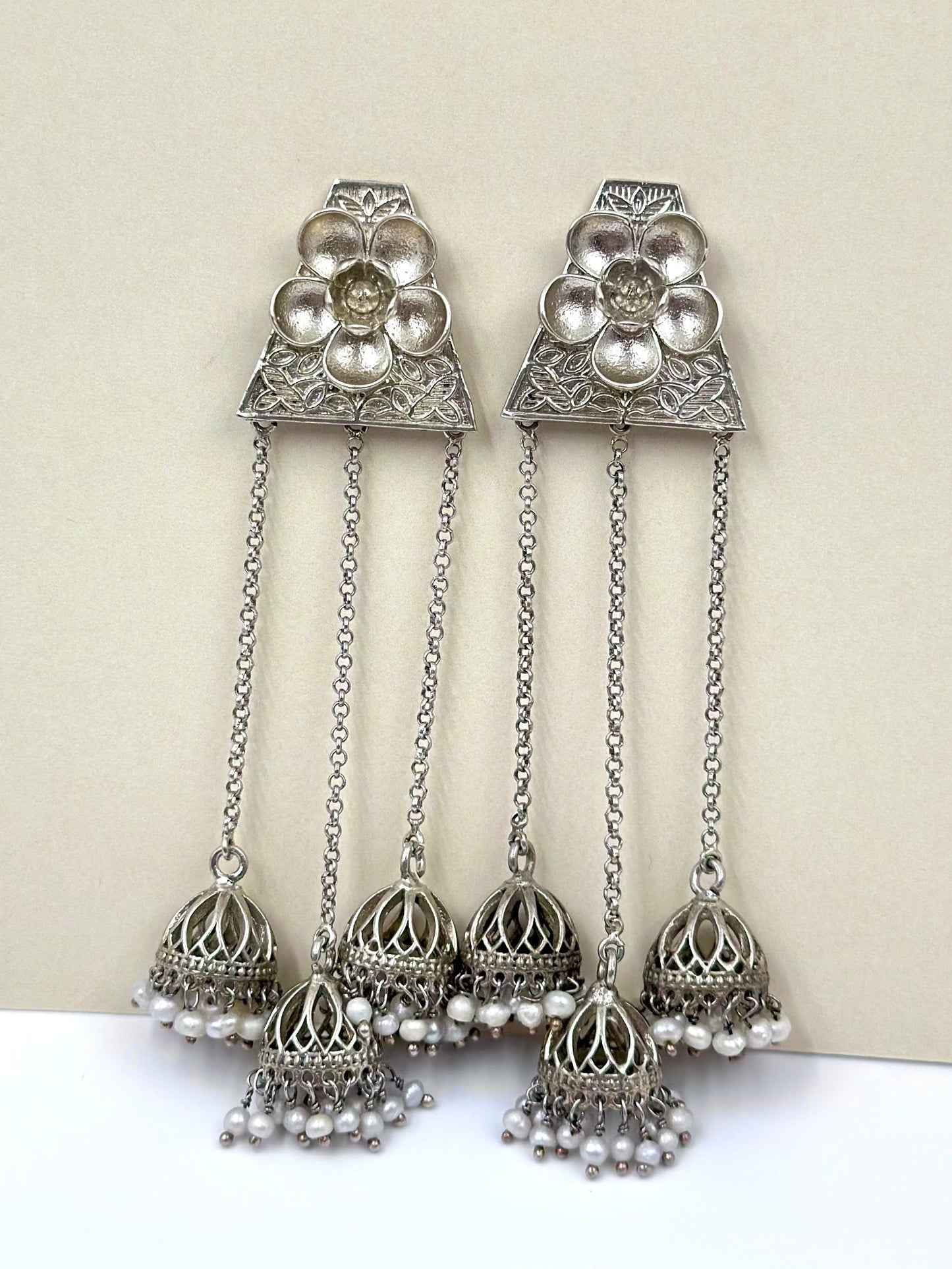 Oxidised, long jhumka attached danglers in sterling silver