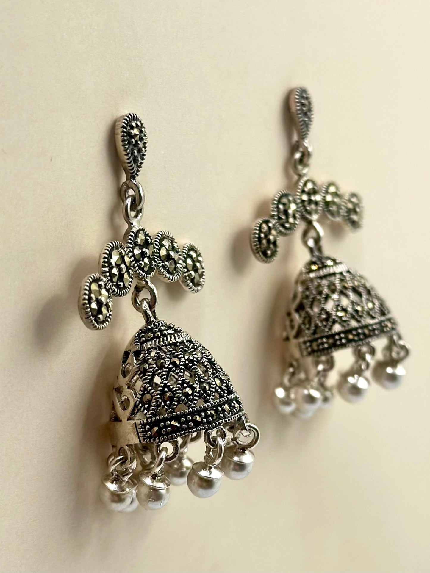 Golden stones studded, grain textured, oxidised, sterling silver jhumkas