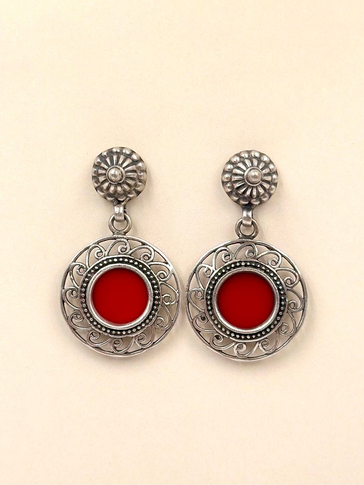 Deep red centred, oxidised, boho style sterling silver danglers