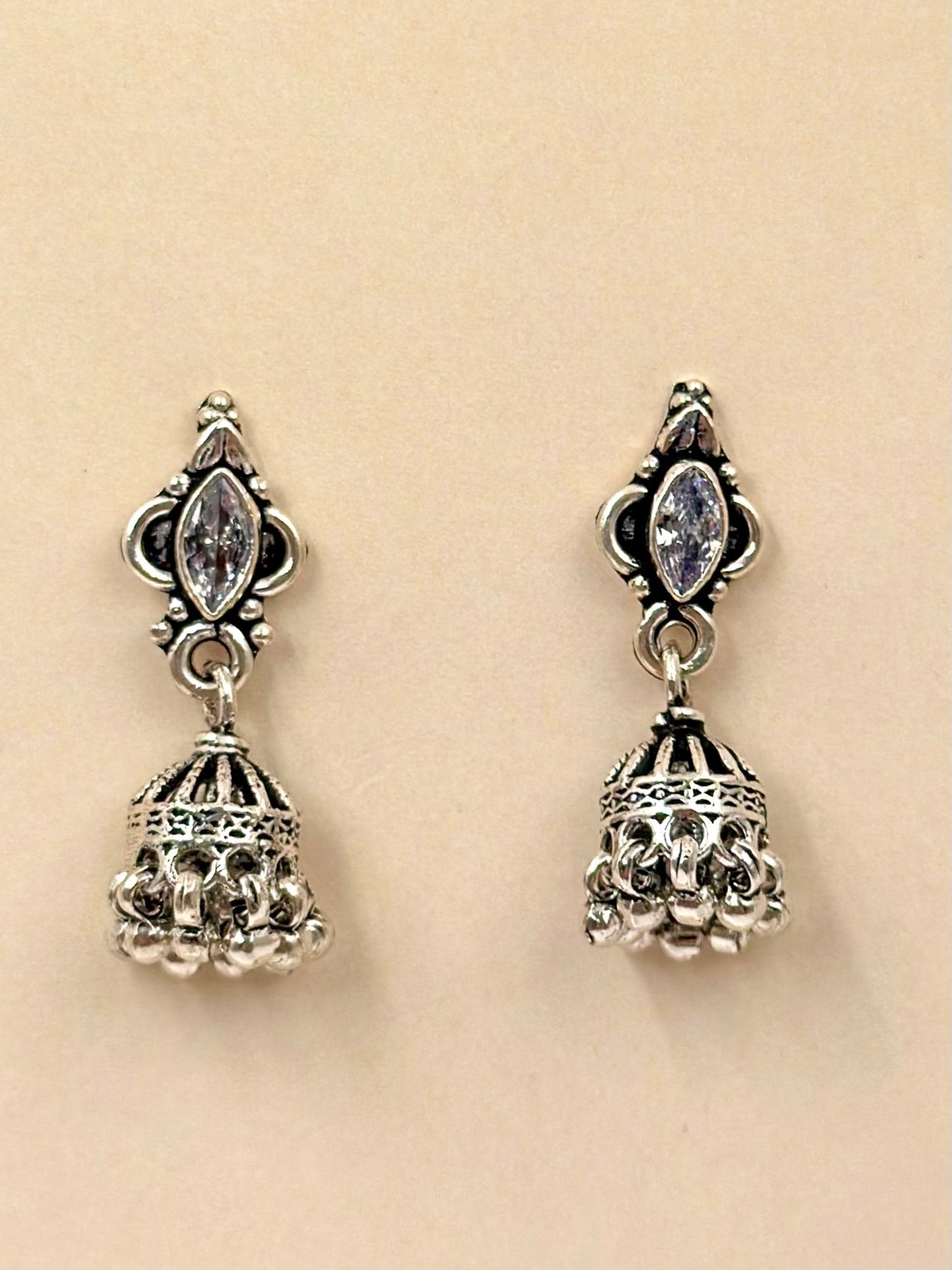 Marquise stone studded, oxodised, sterling silver jhumkas