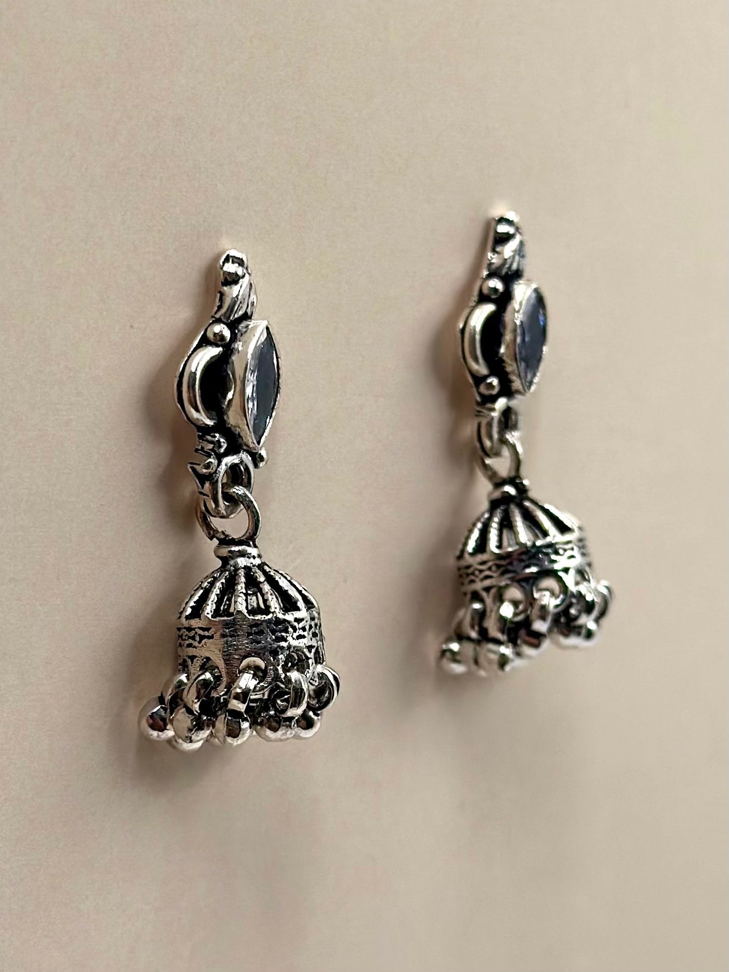 Marquise stone studded, oxodised, sterling silver jhumkas