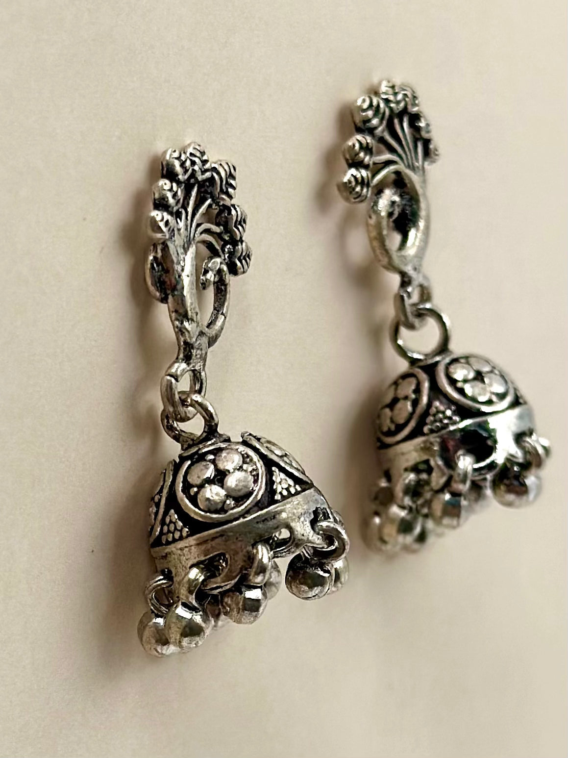 Peacock with leaf like feathers shaped, oxidised, sterling silver jhumkas