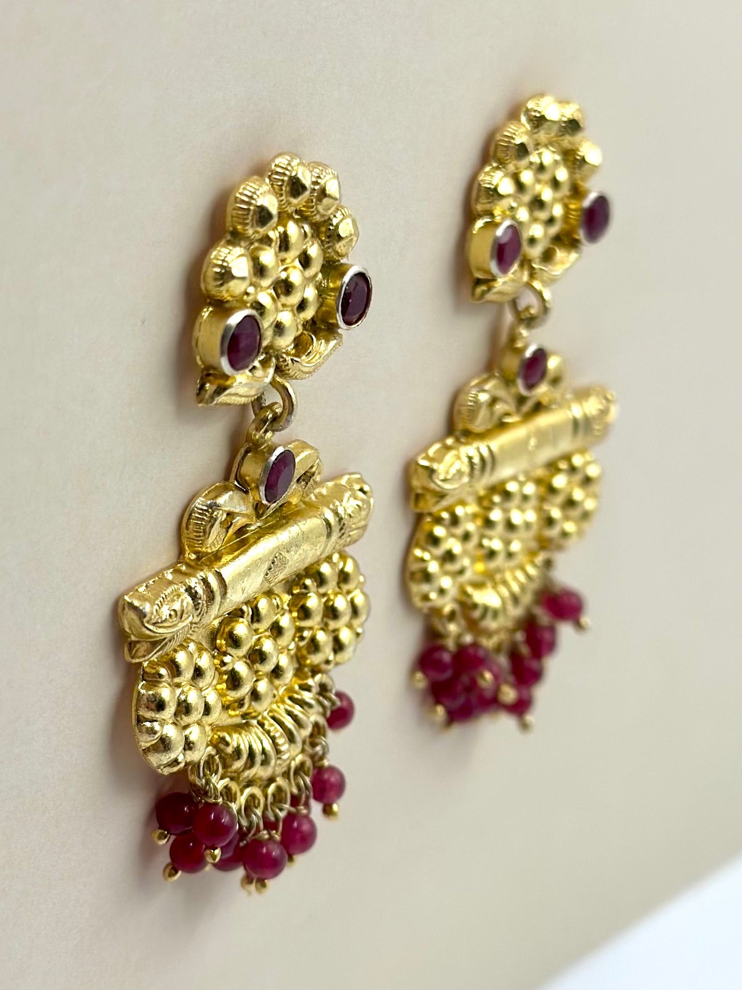 Gold plated, sterling silver danglers with red stone