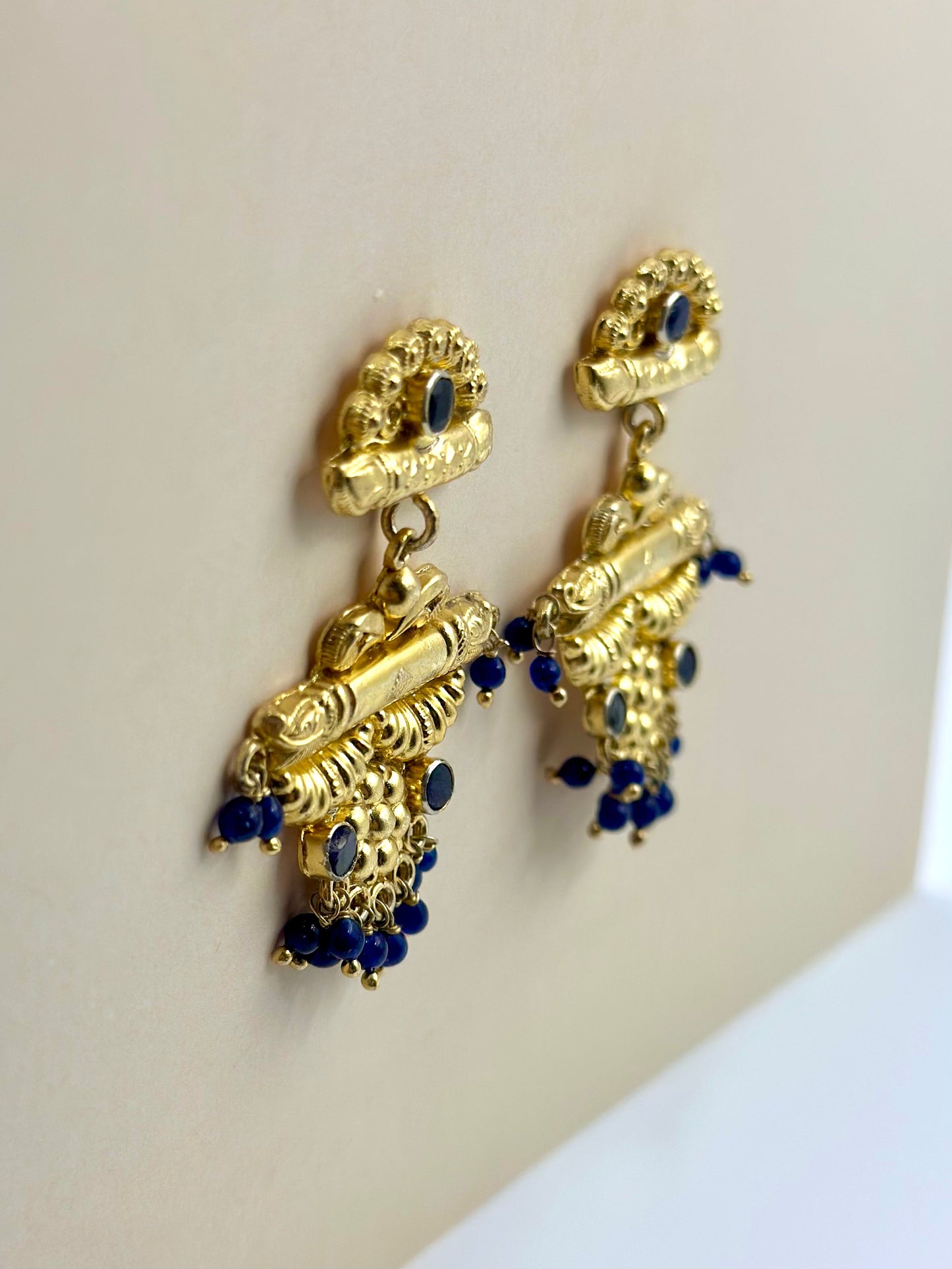 Gold plated, studded with blue stones, sterling silver danglers