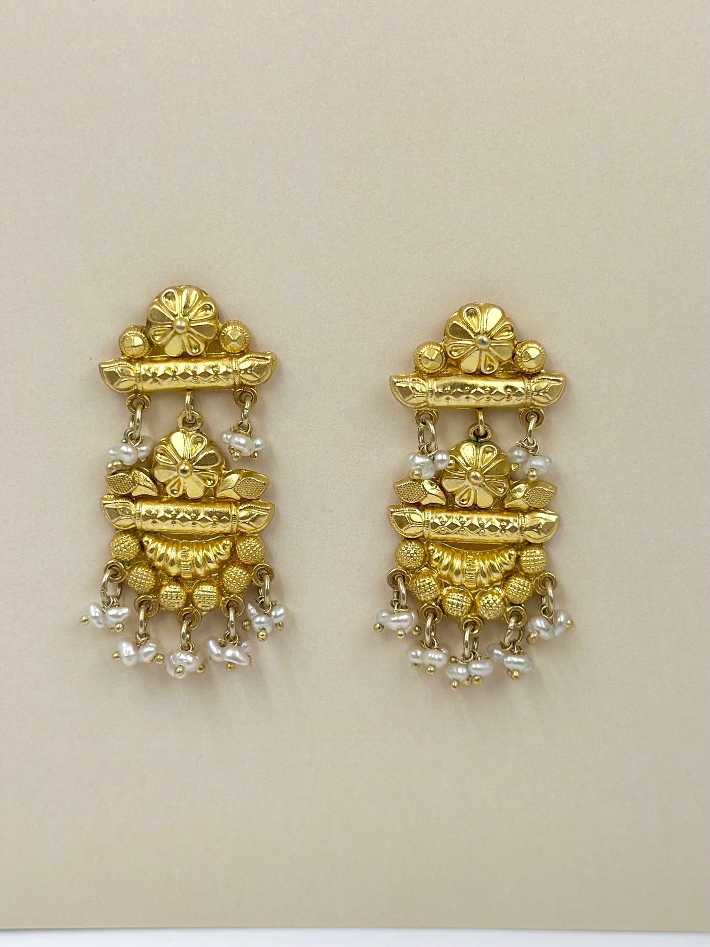 Gold plated, studded with pearls, sterling silver danglers