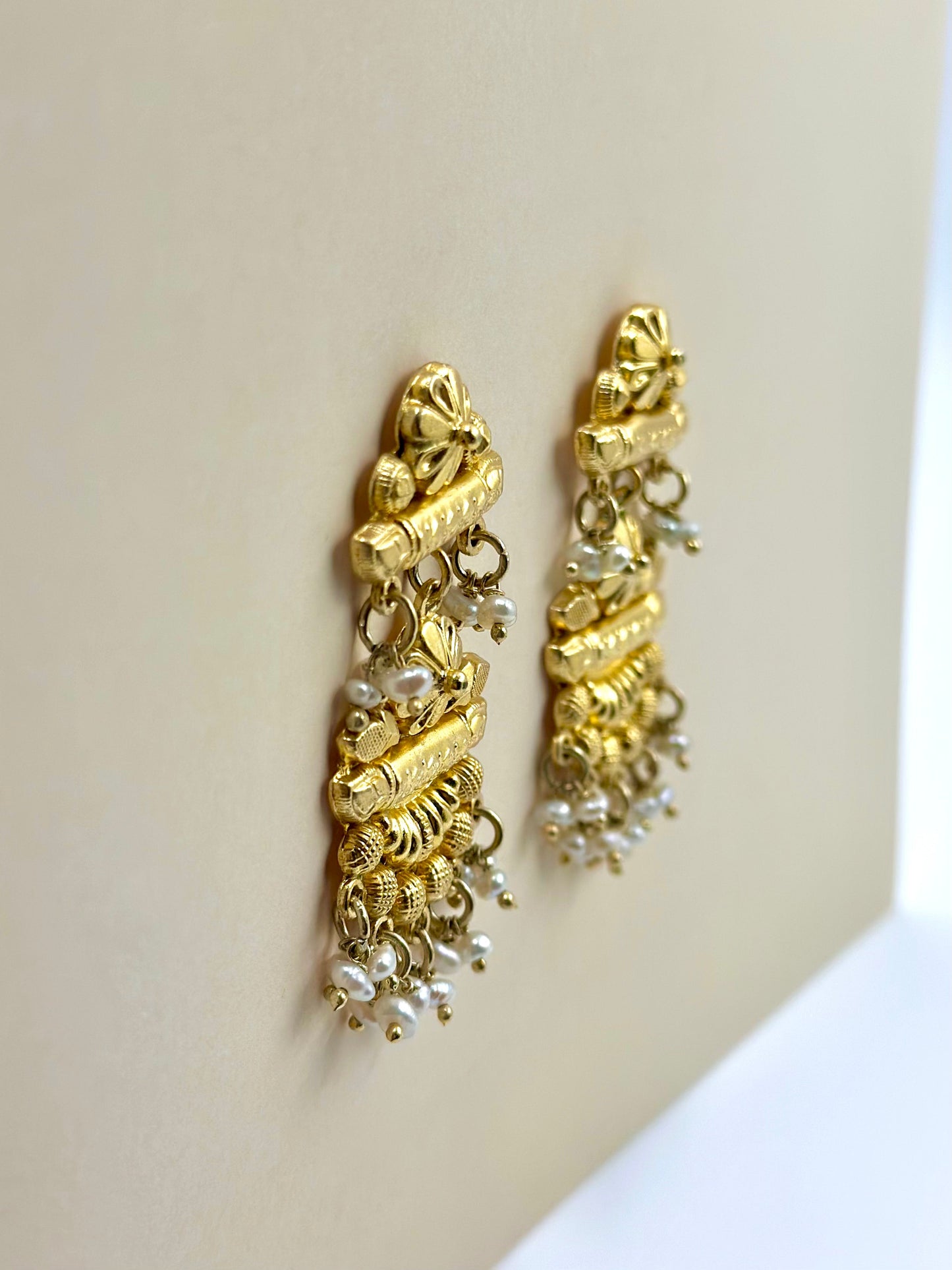 Gold plated, studded with pearls, sterling silver danglers