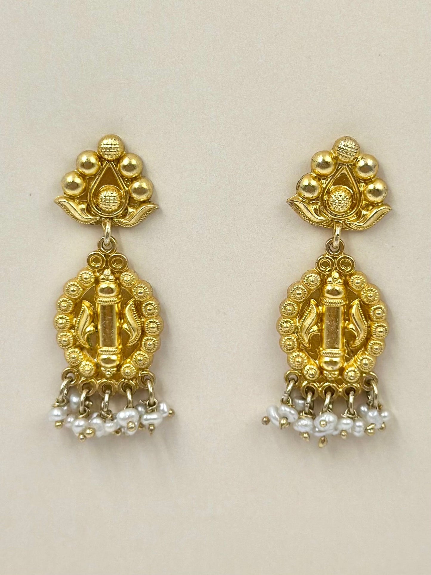 Gold plated, pearl studded, drop shaped sterling silver danglers