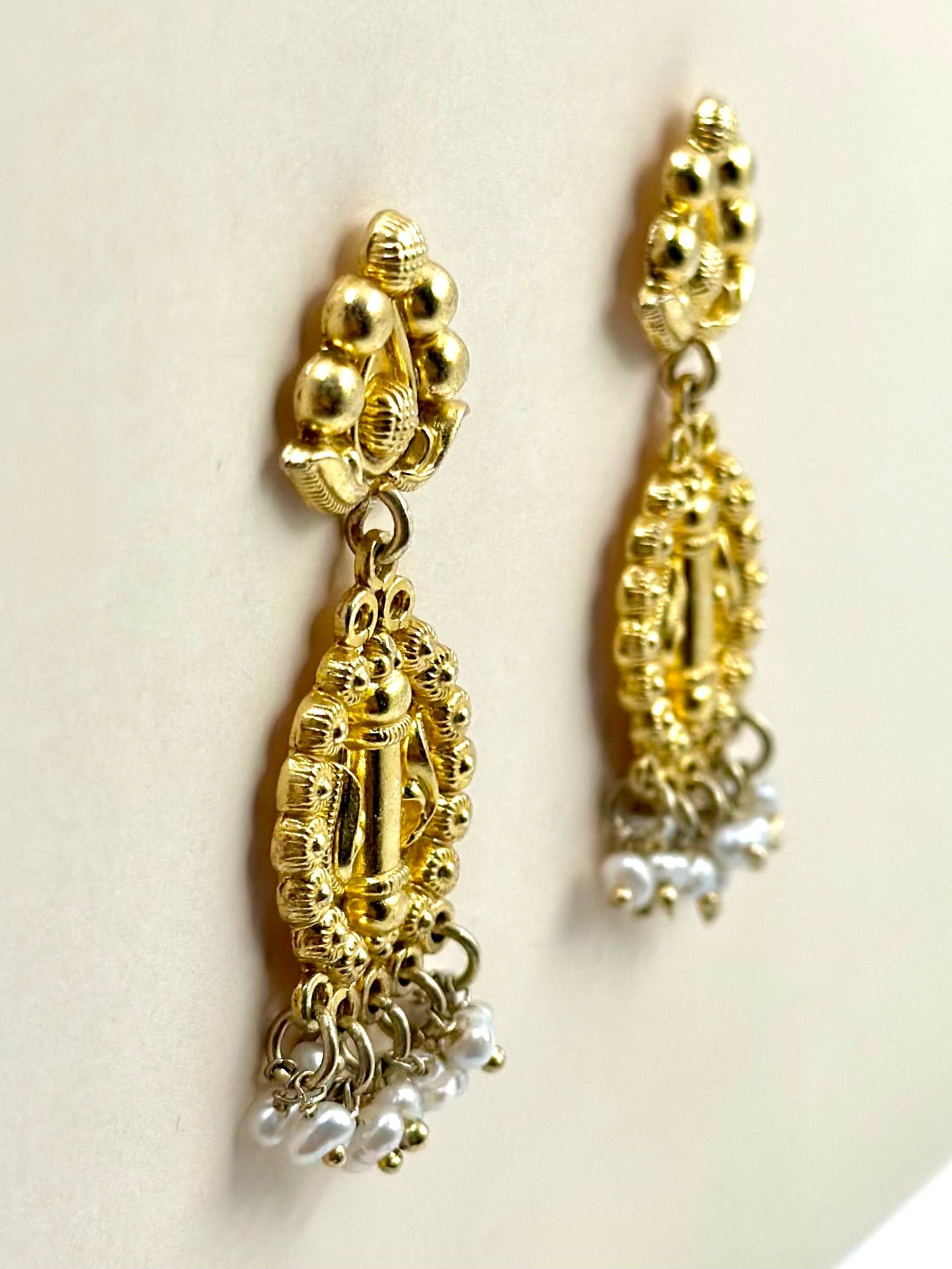 Gold plated, pearl studded, drop shaped sterling silver danglers