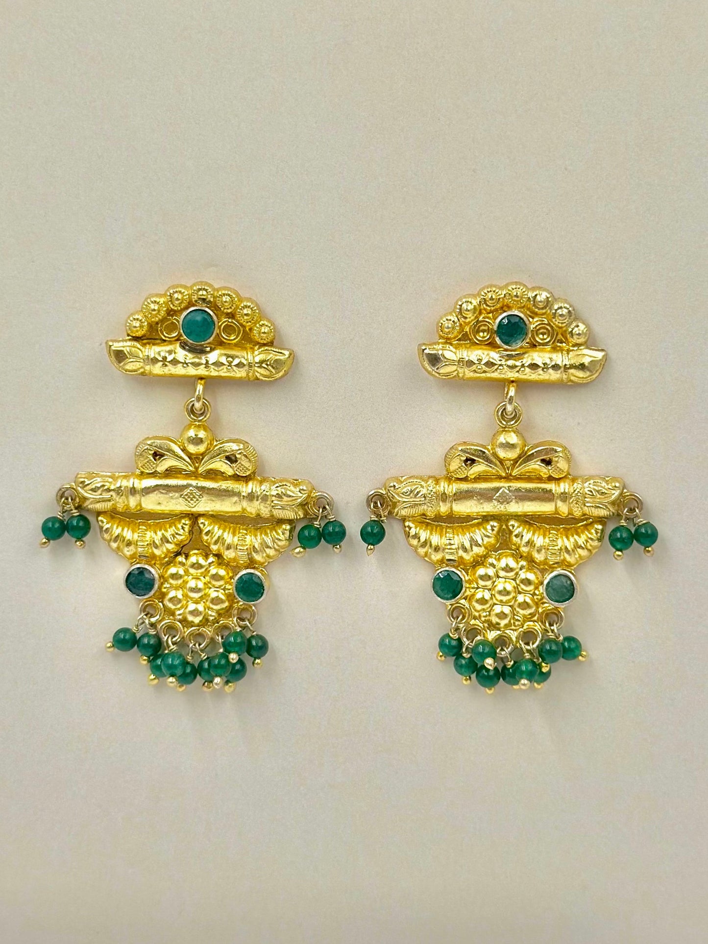 Gold plated, studded with green stones, sterling silver danglers