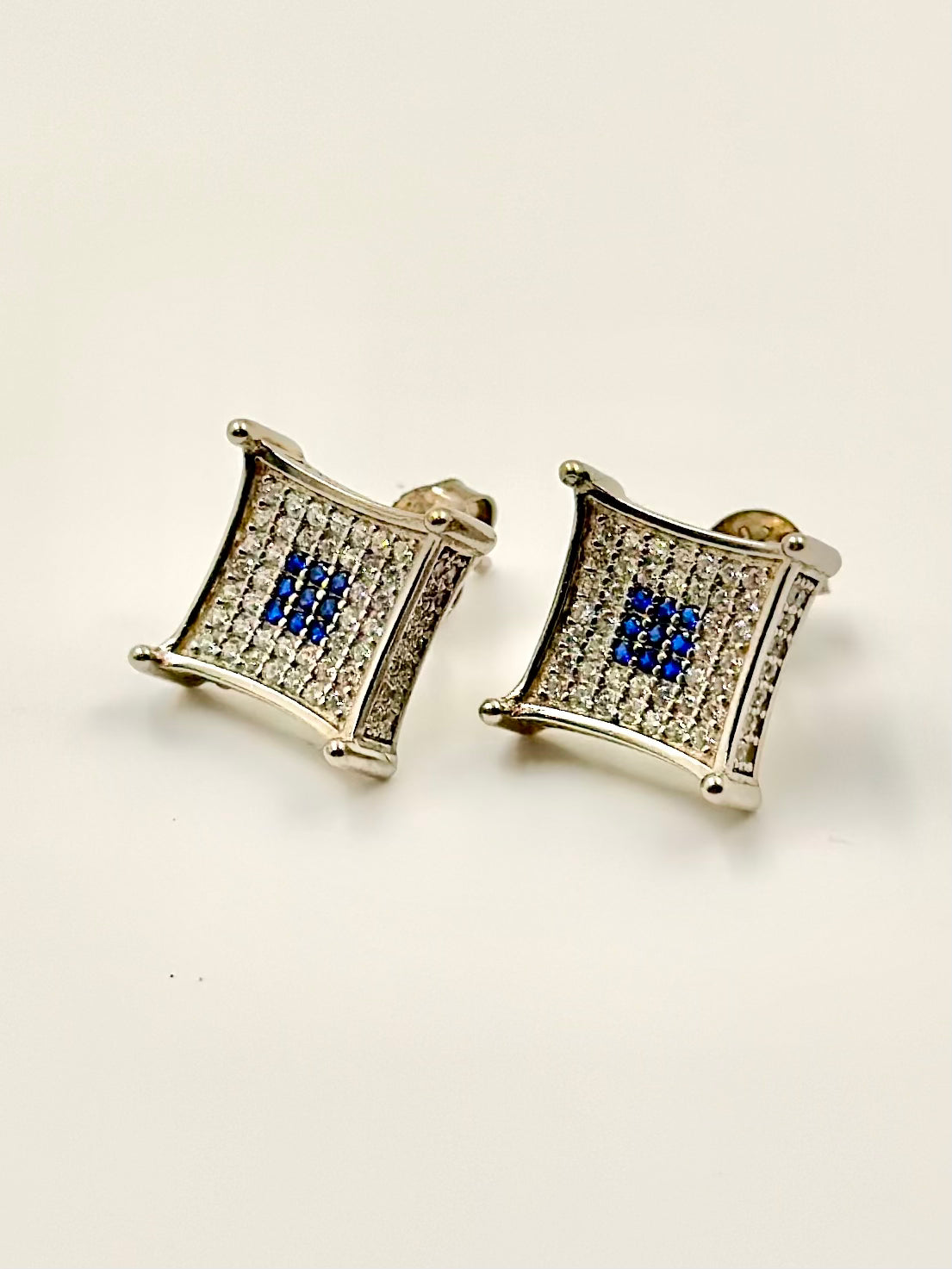 Zircon and blue stones studded, square shaped basic studs in sterling silver