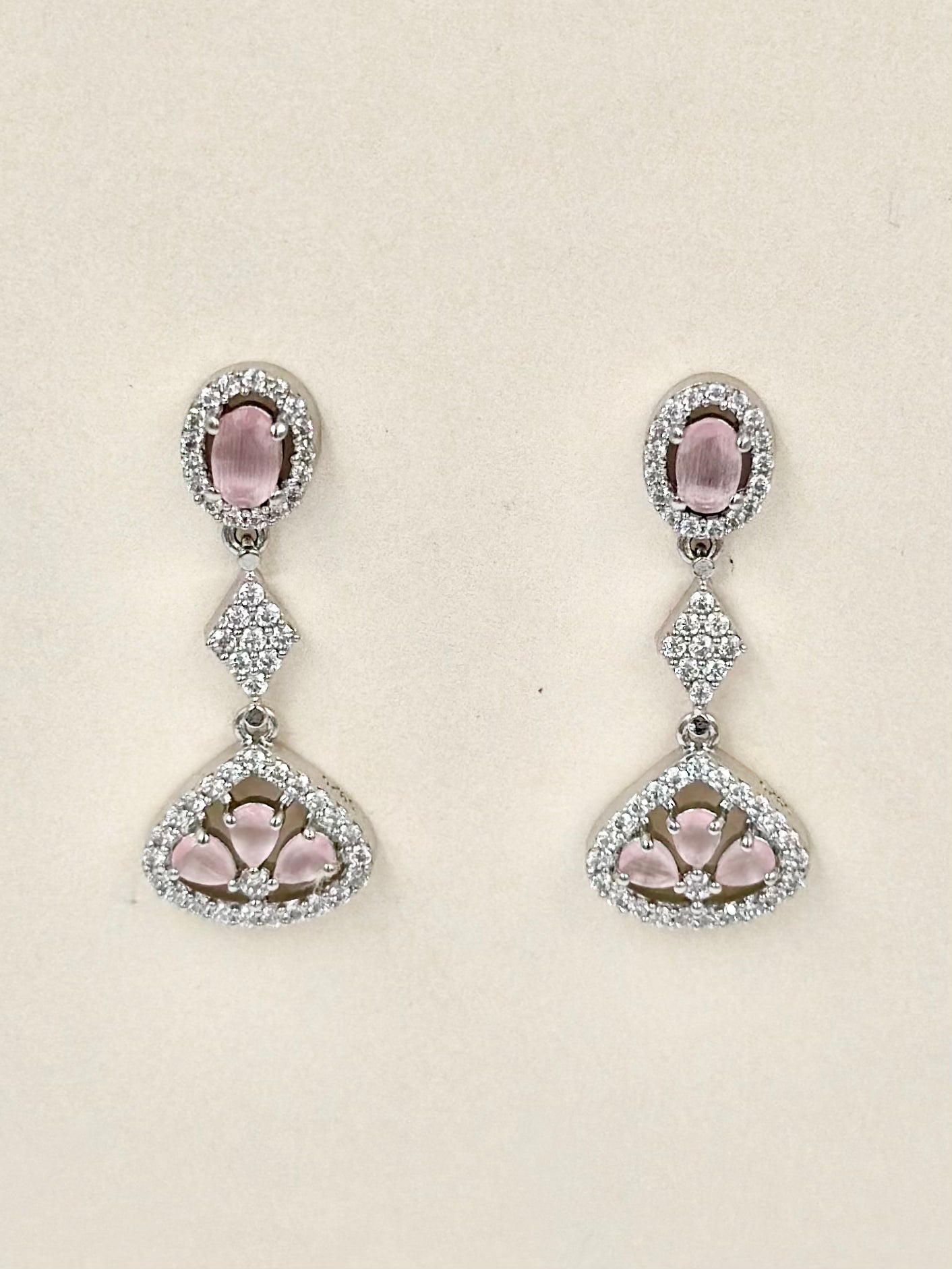 Pink stone studded, sterling silver danglers