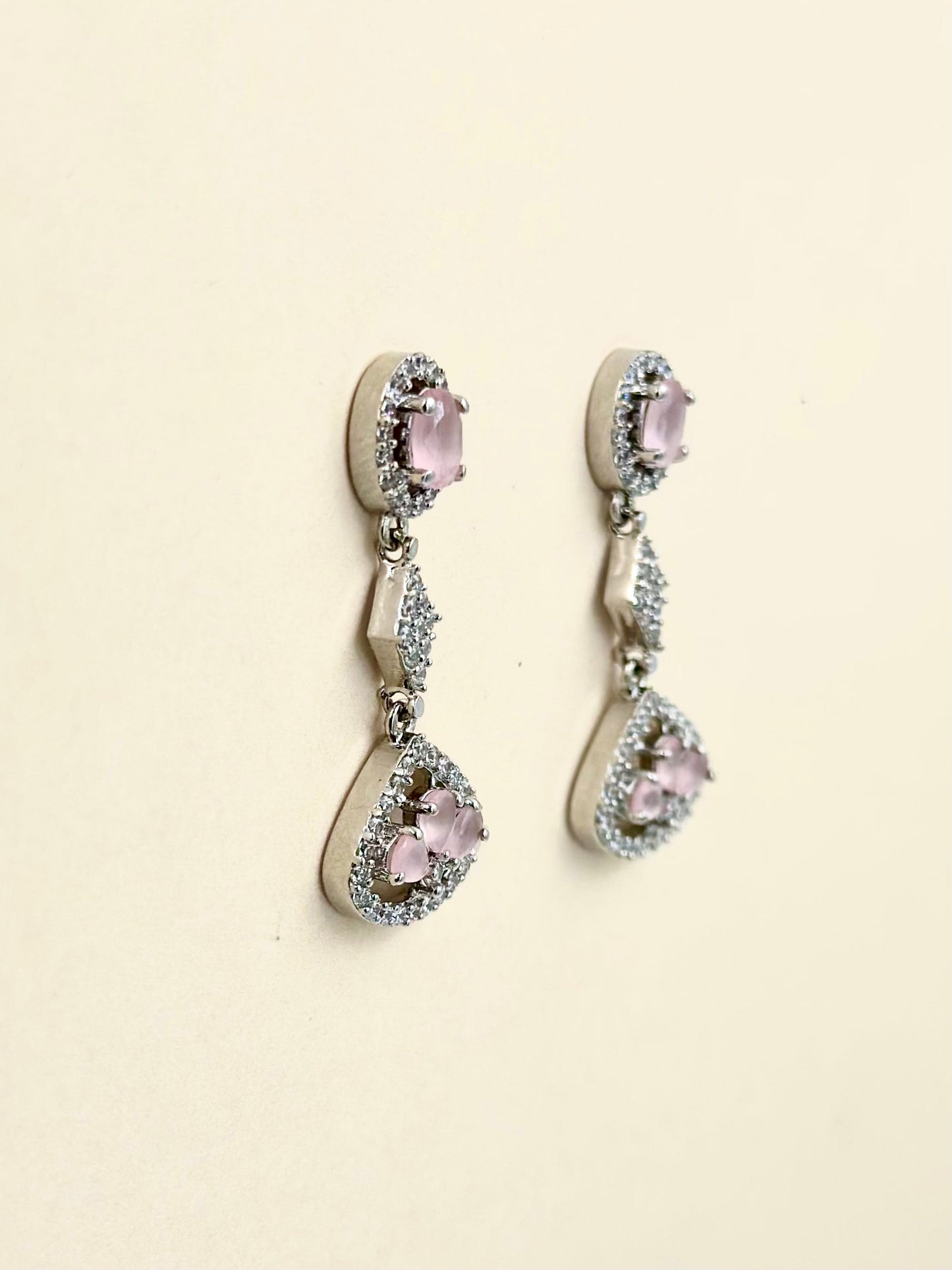 Pink stone studded, sterling silver danglers