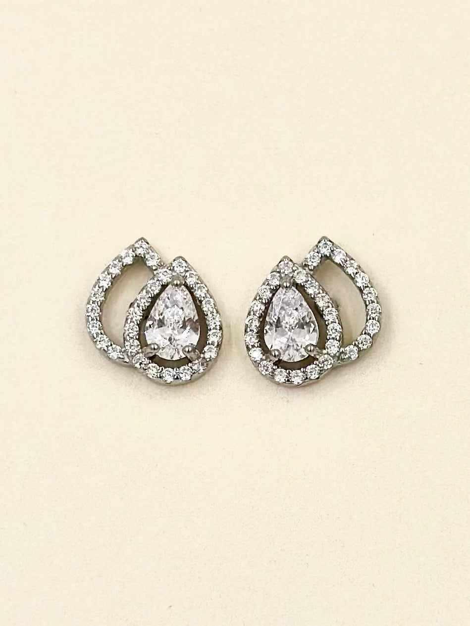 Zircon studded, double leaf shaped, sterling silver studs