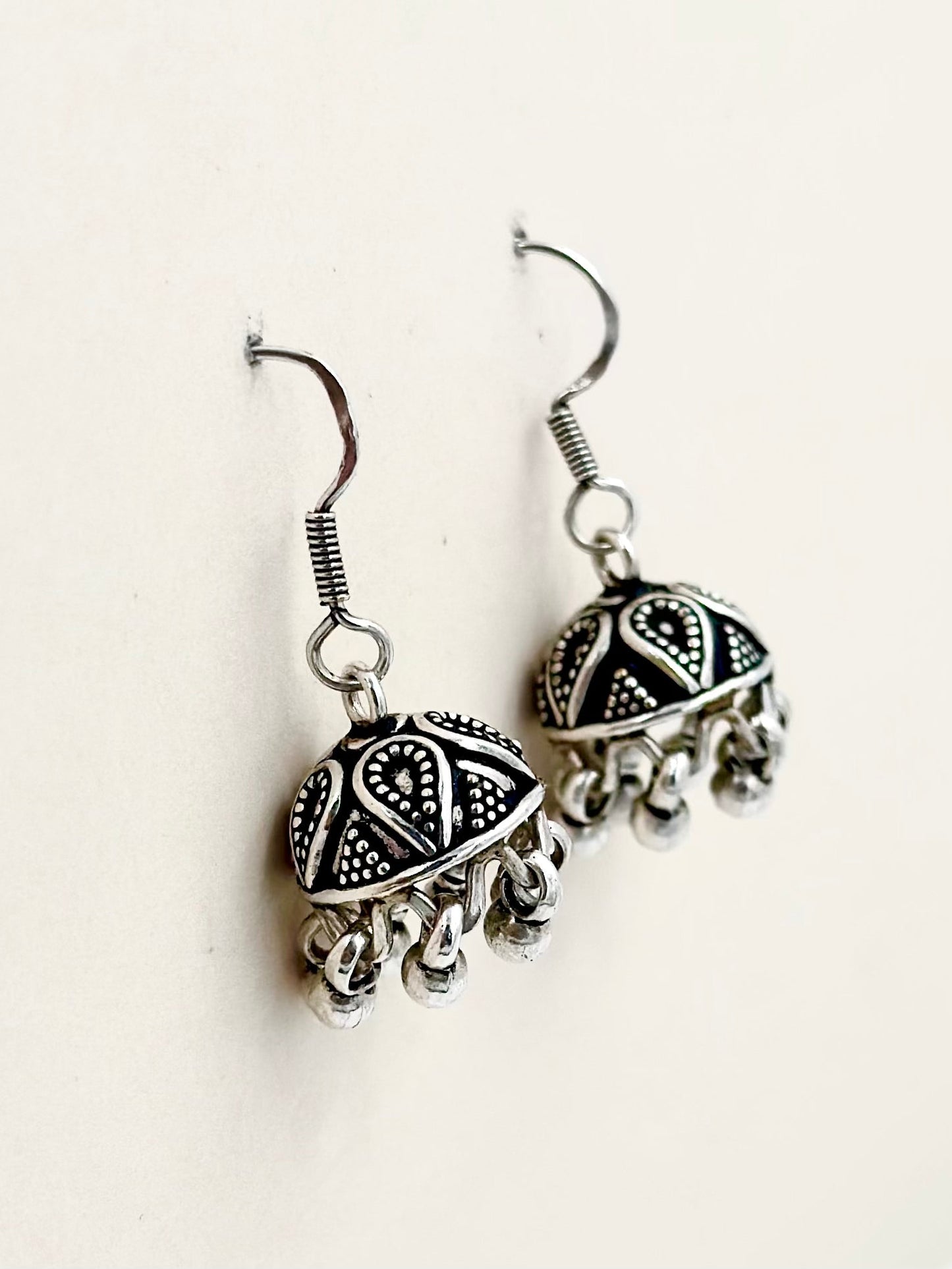 Oxidised, with ghunghroo, small jhumka style drop earrings in sterling silver