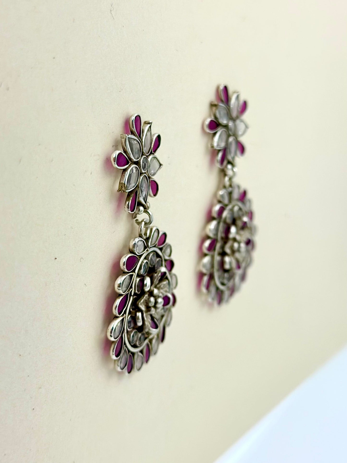 Pink stones, zircon studded, flower shaped sterling silver danglers