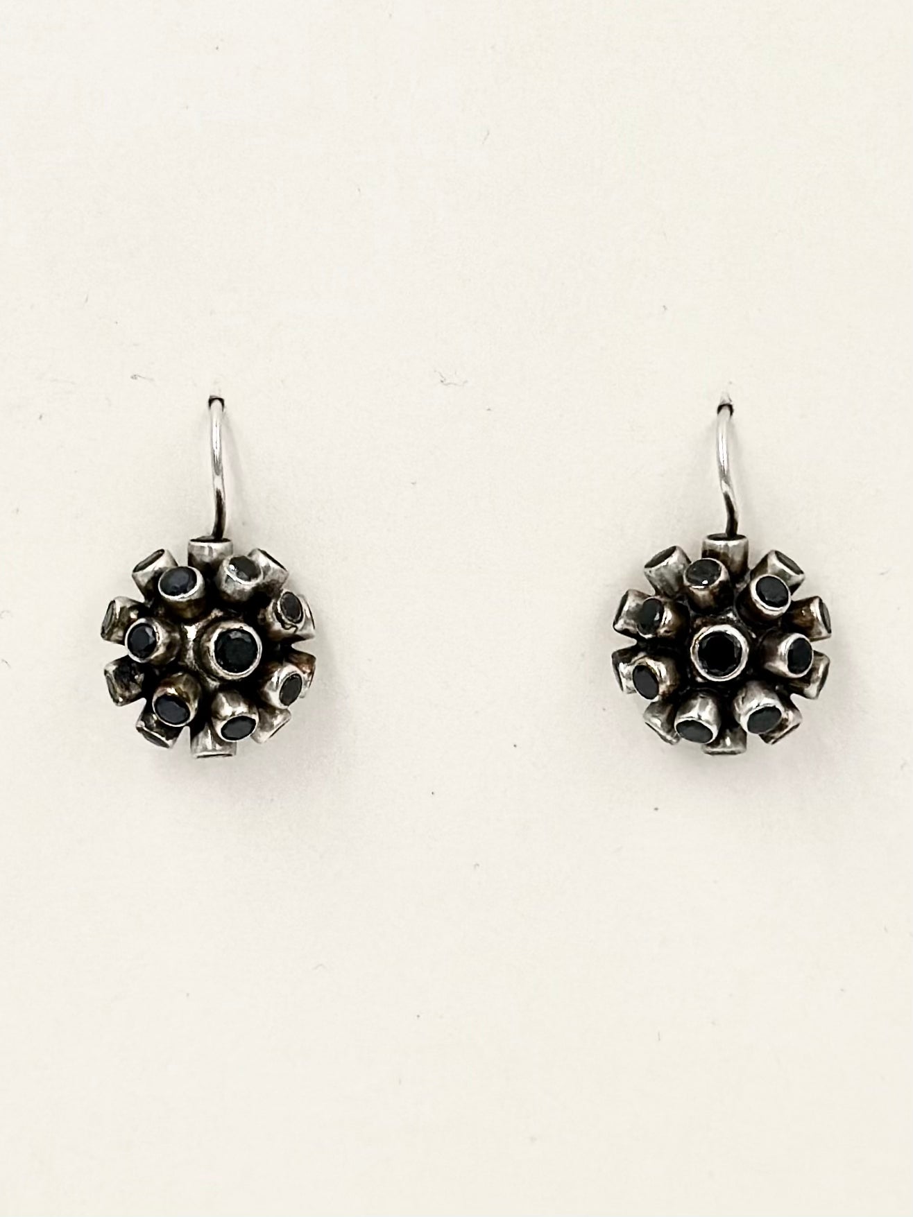 Oxidised, studded with black stones, statement ball shaped sterling silver drop earrings