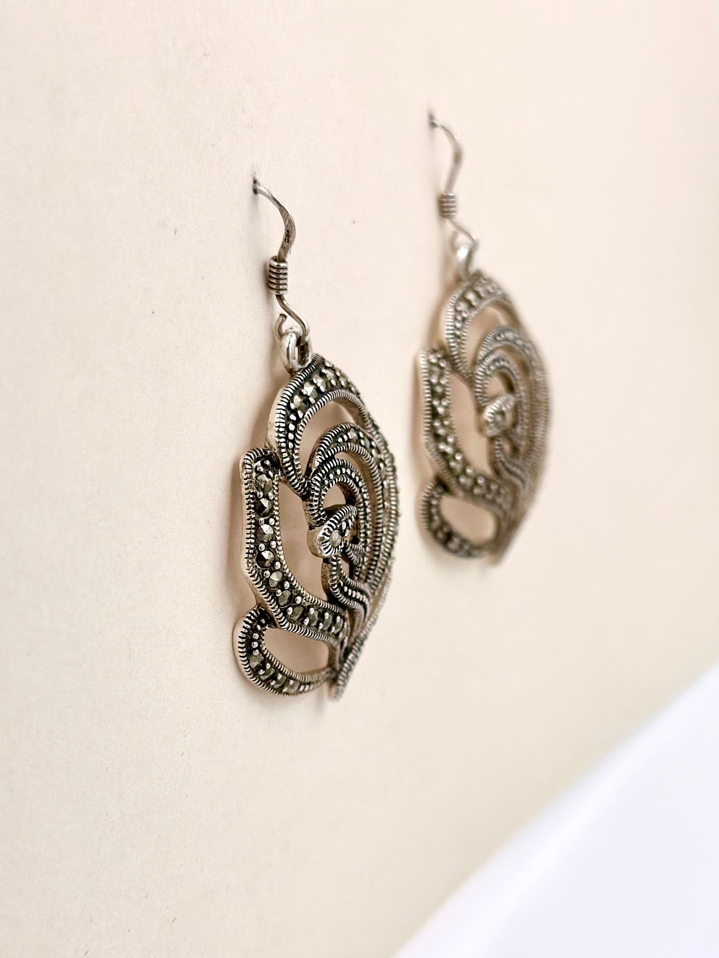 Zircon and gold stones studded, rose shaped sterling silver drop earrings