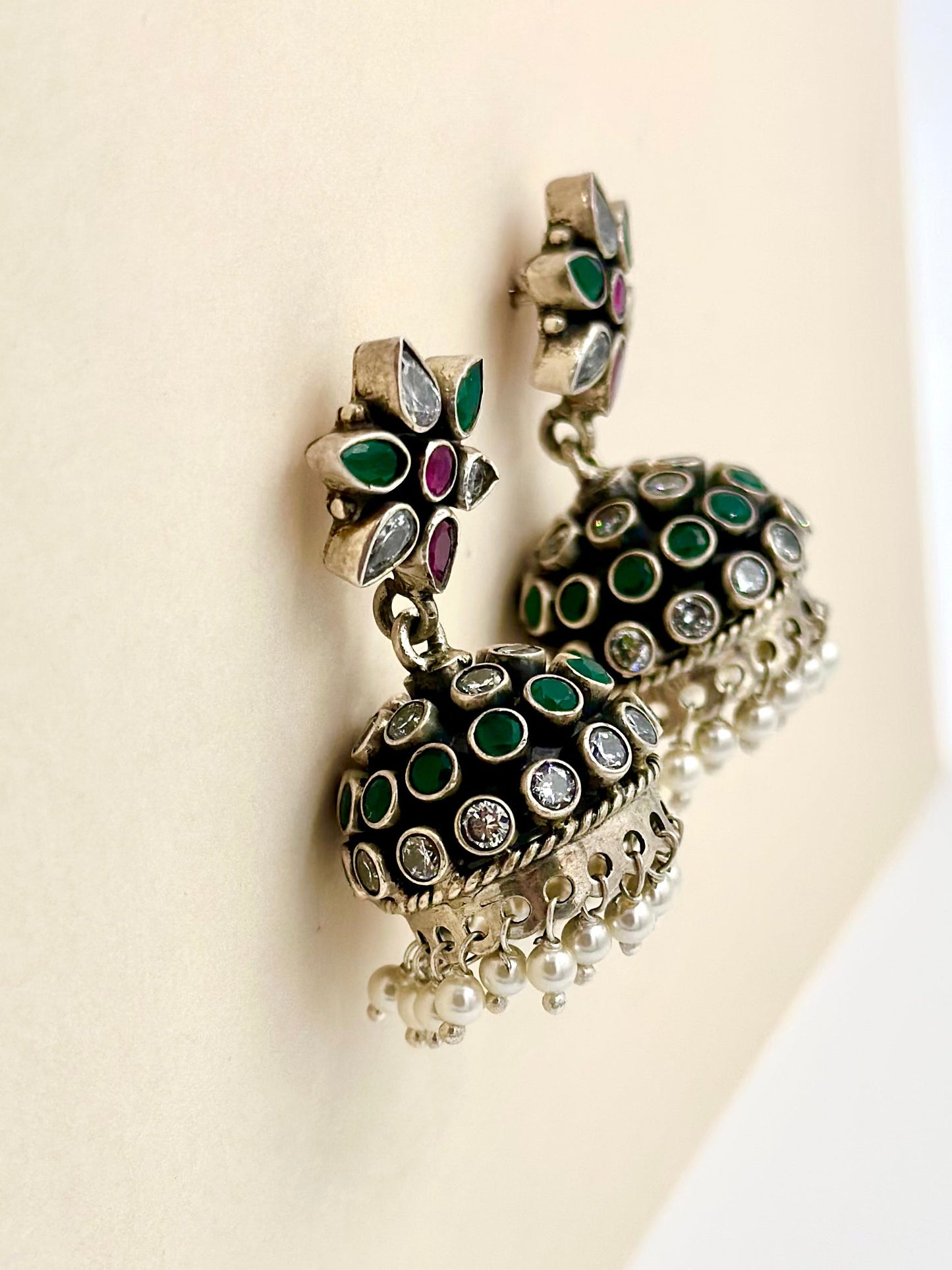 Colourful stones, zircon, pearls studded, flower dome shaped oxidised sterling silver jhumkas