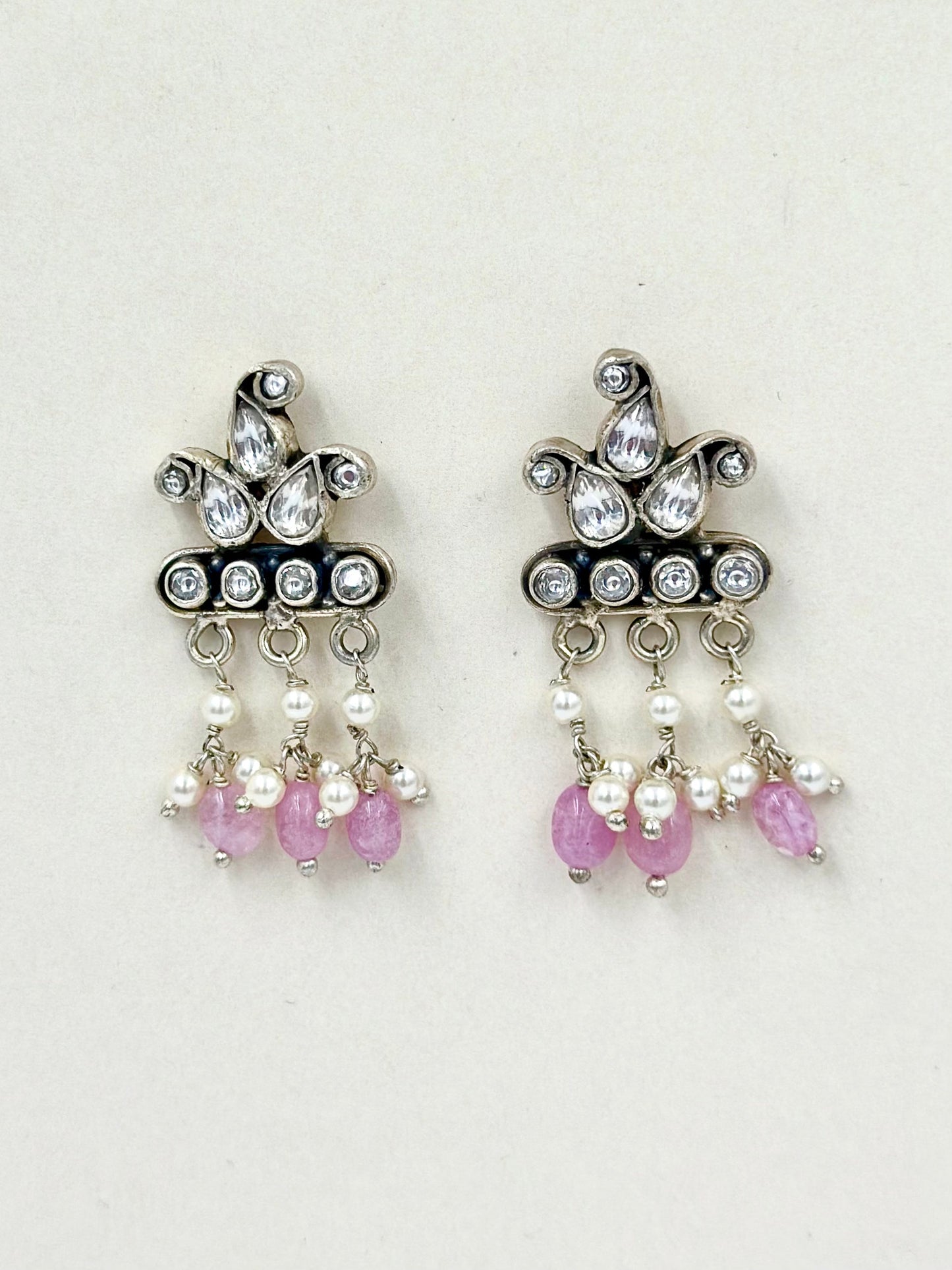 Fancy stones, pearls studded, oxidised sterling silver danglers