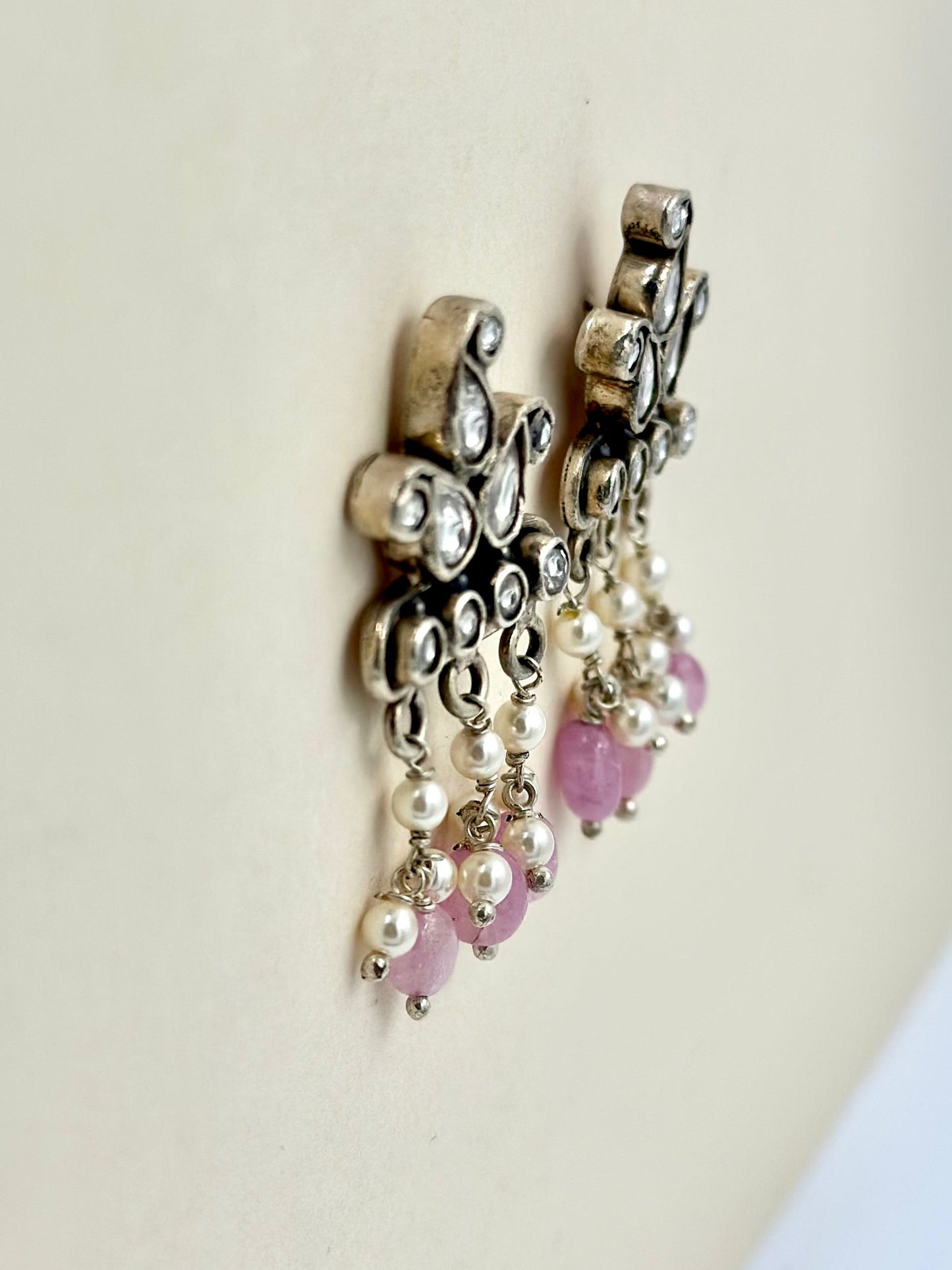 Fancy stones, pearls studded, oxidised sterling silver danglers