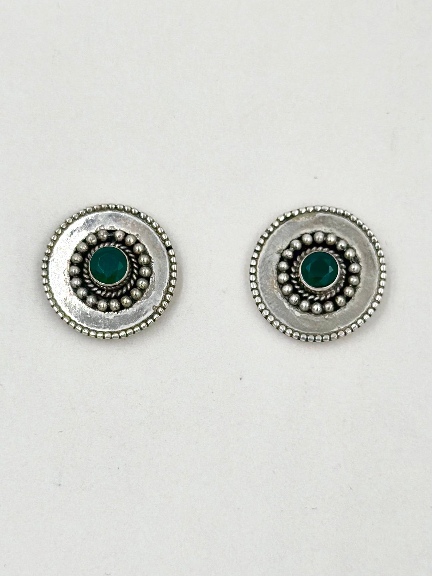 Emerald stone studded, sterling silver disc shaped, oxidised studs