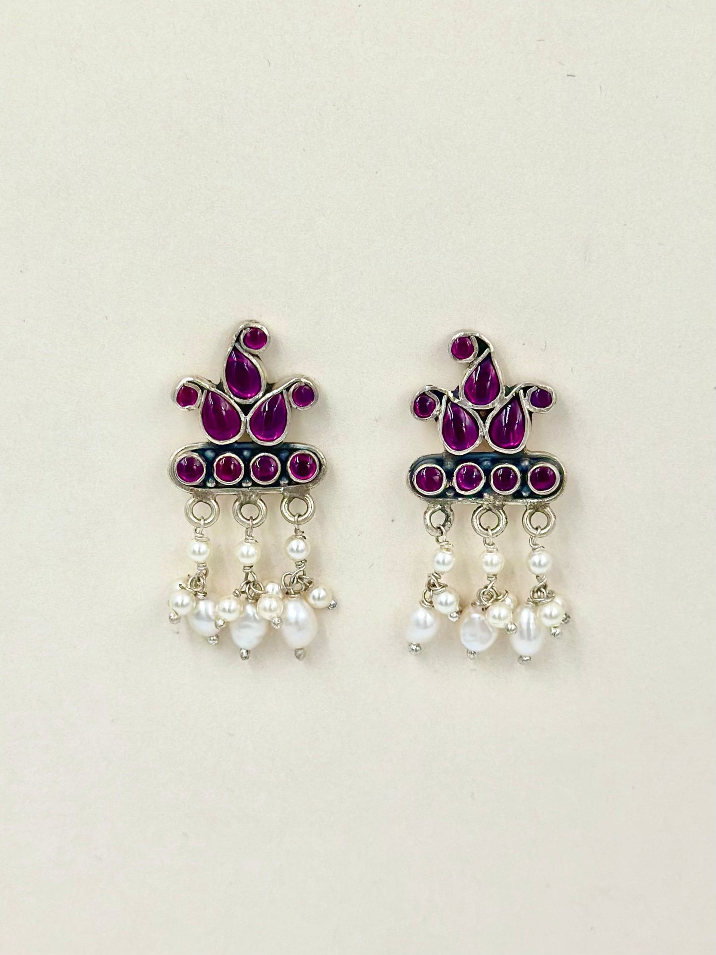 Fancy stones, pearls studded, oxidised sterling silver danglers