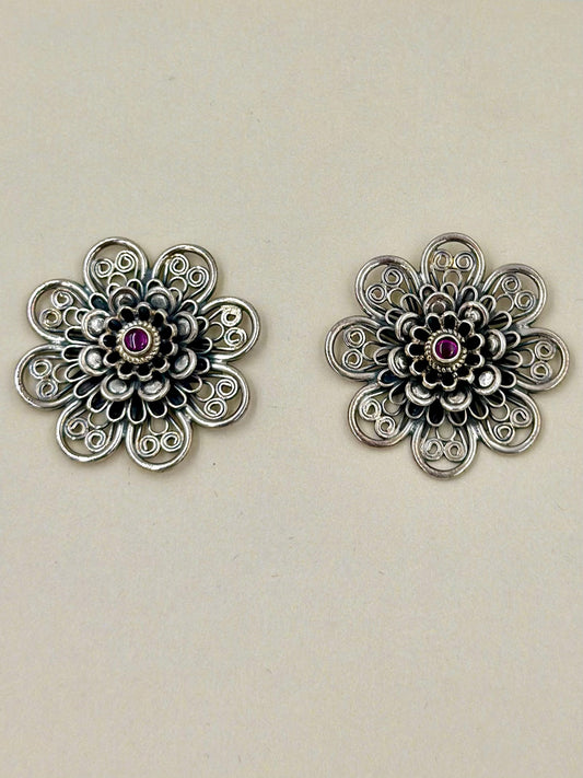 Oxidised, studded with fancy stone, sunflower shaped steroling silver studs with detailing