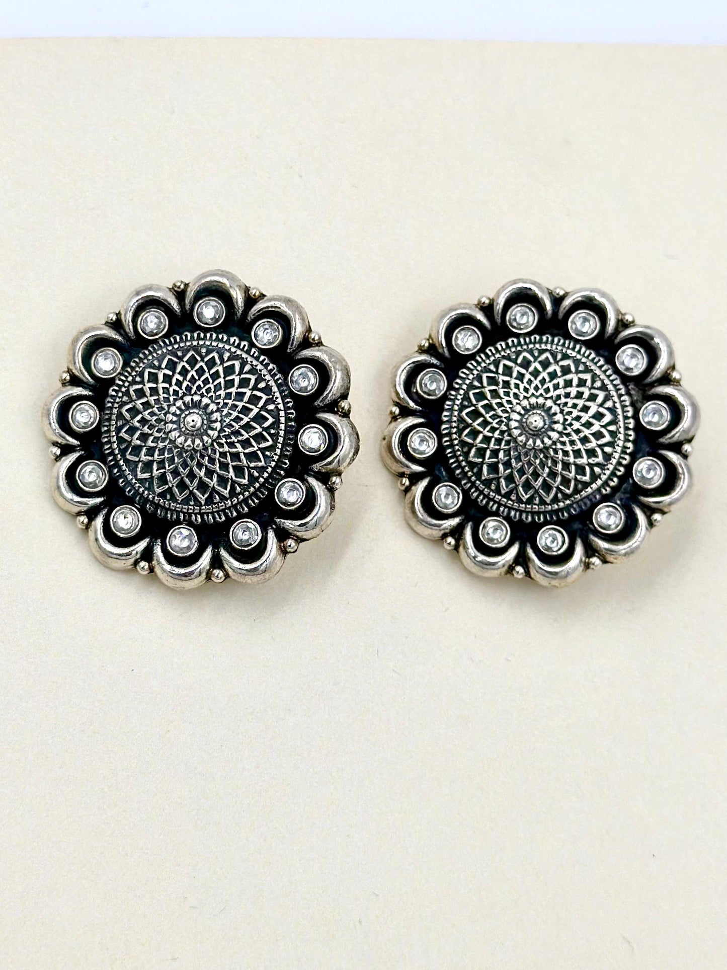 Oxidised, zircon studded, black daisy sterling silver studs