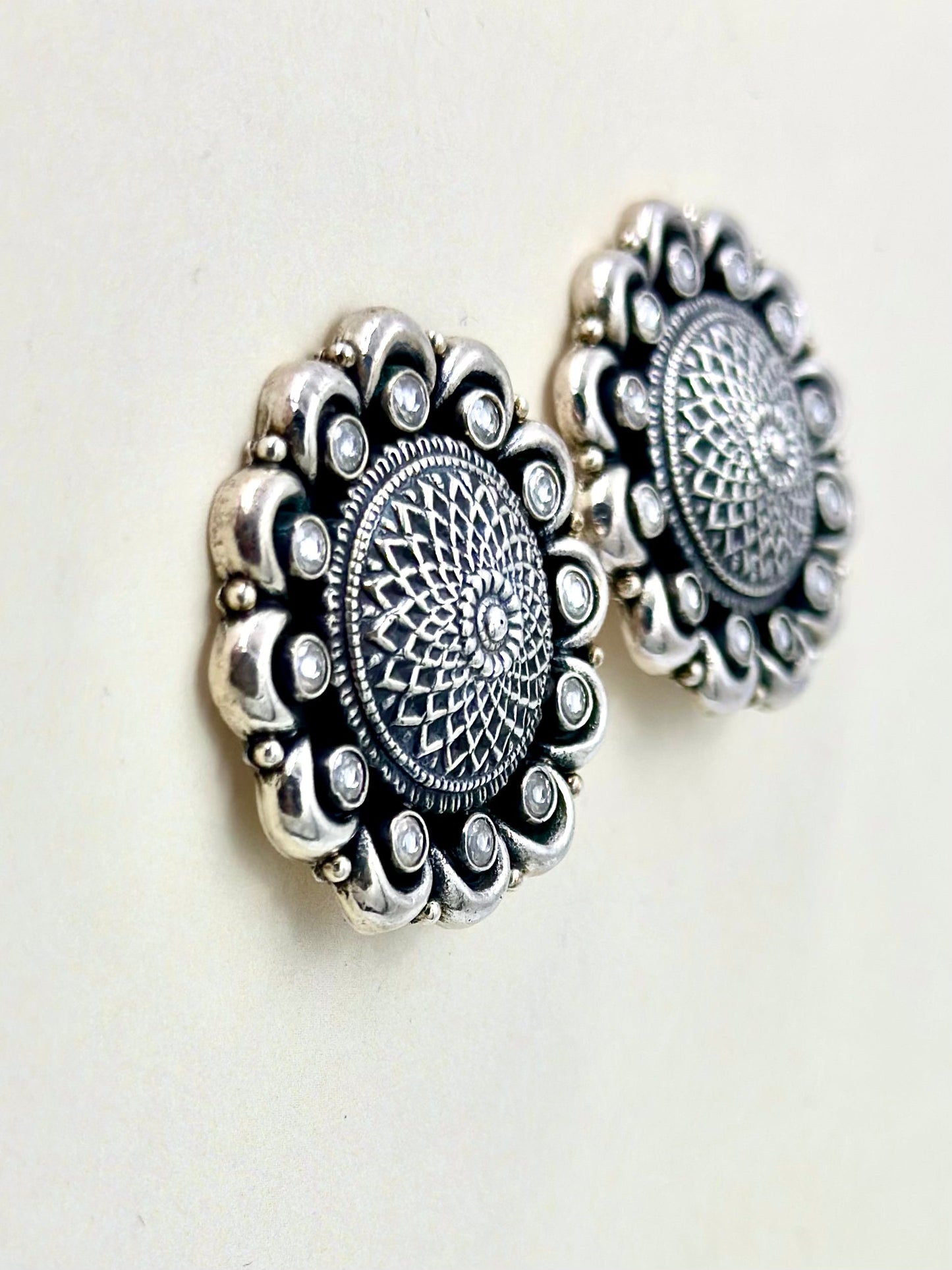 Oxidised, zircon studded, black daisy sterling silver studs