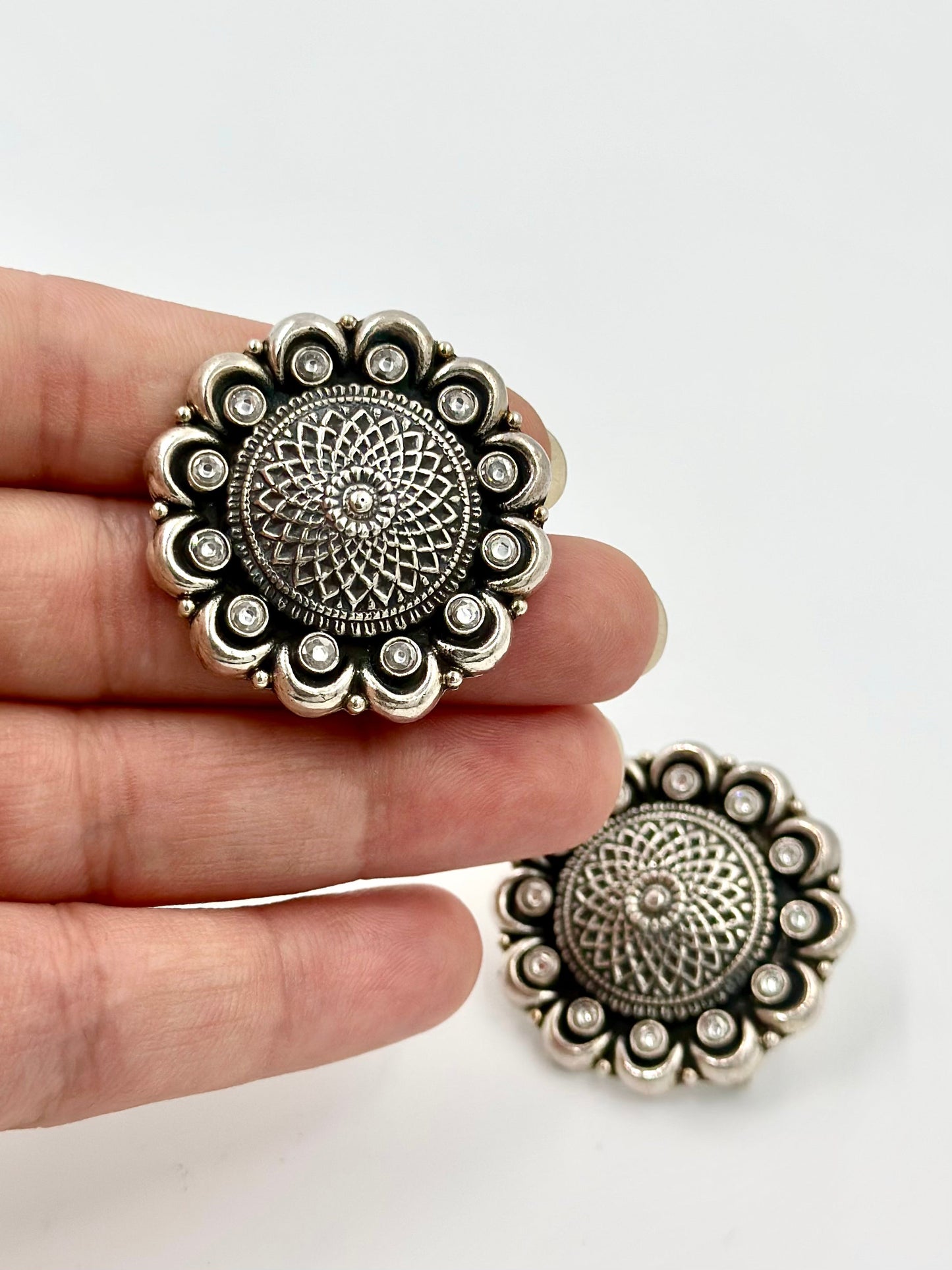 Oxidised, zircon studded, black daisy sterling silver studs
