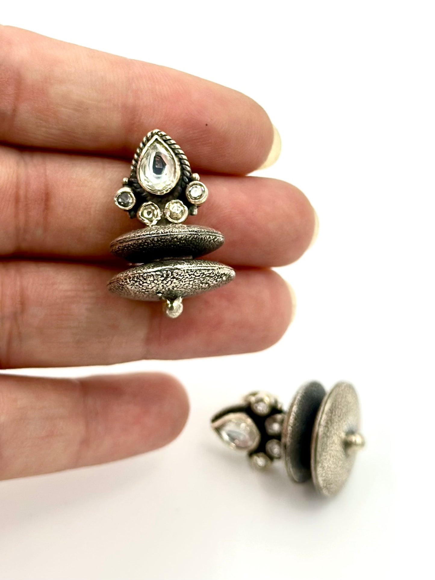 Oxidised, zircon studded, dome shaped, sterling silver studs