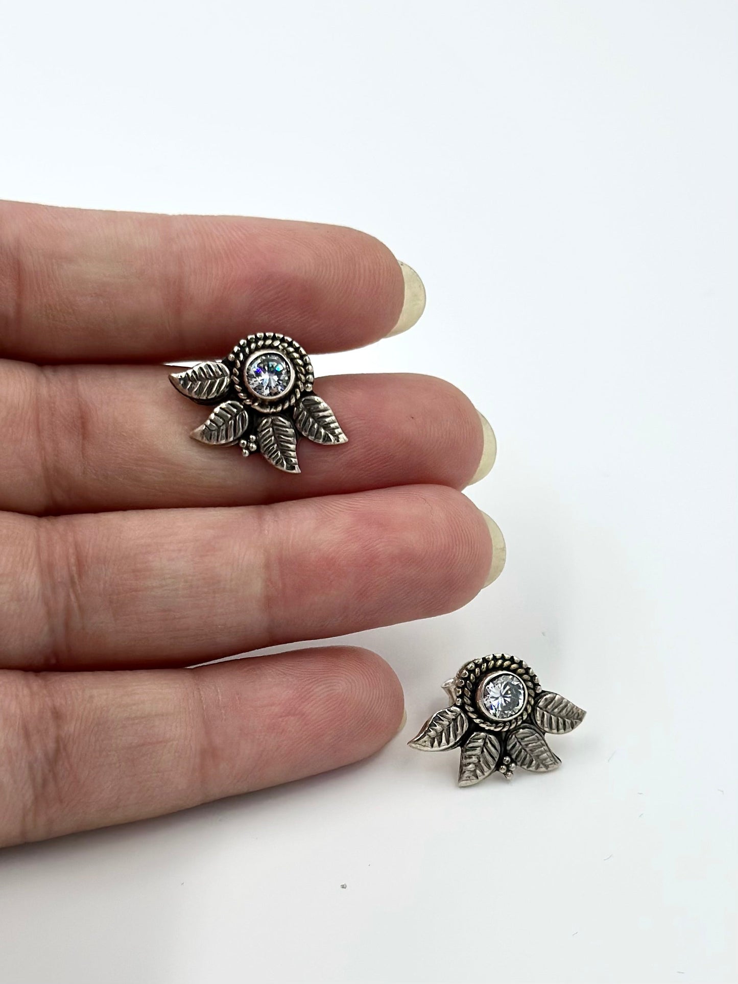 Oxidised, zircon studded, sterling silver leaf eye shaped studs
