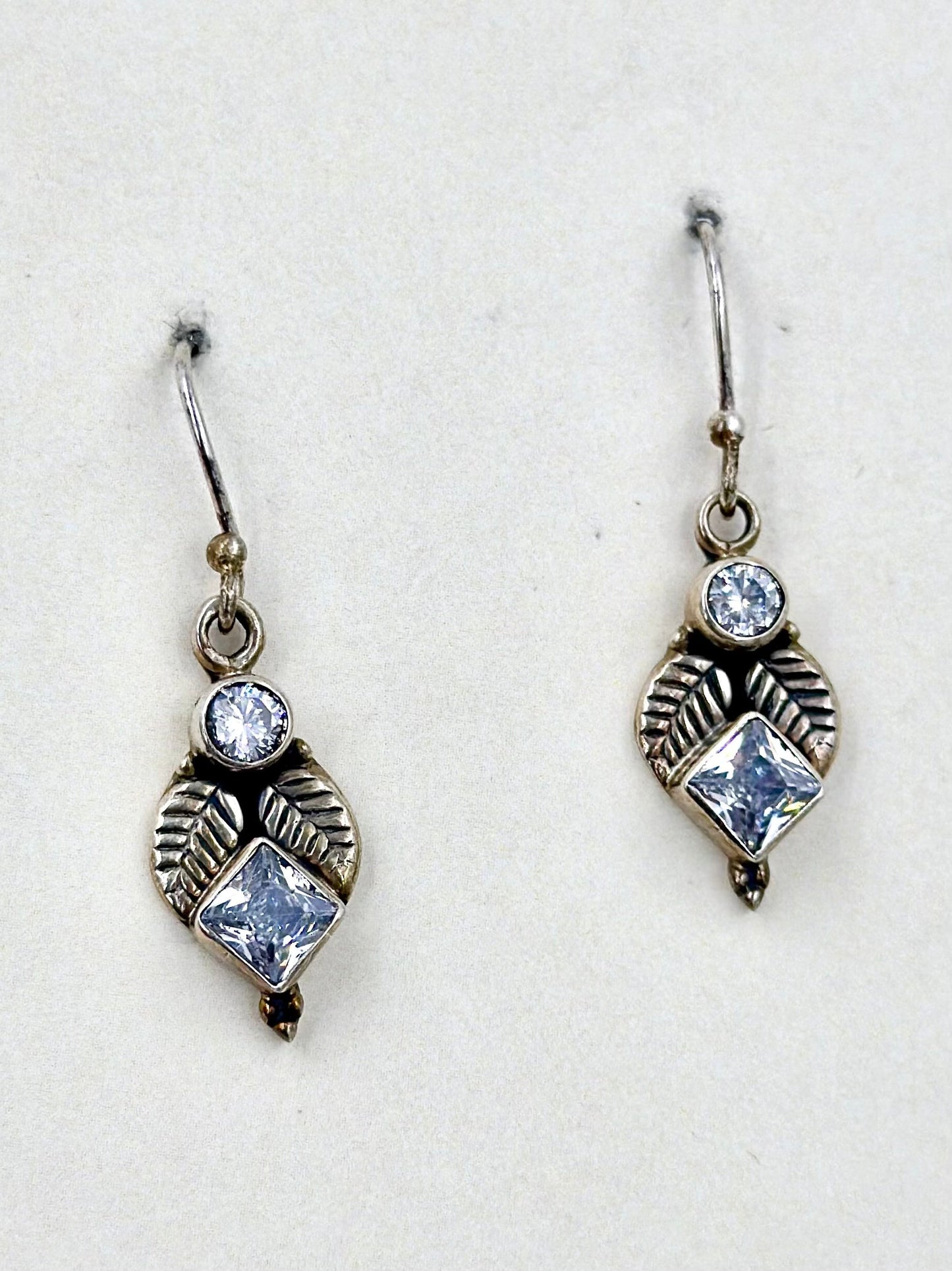 Zircon studded, leaf shaped, oxidised, sterling silver drop earrings