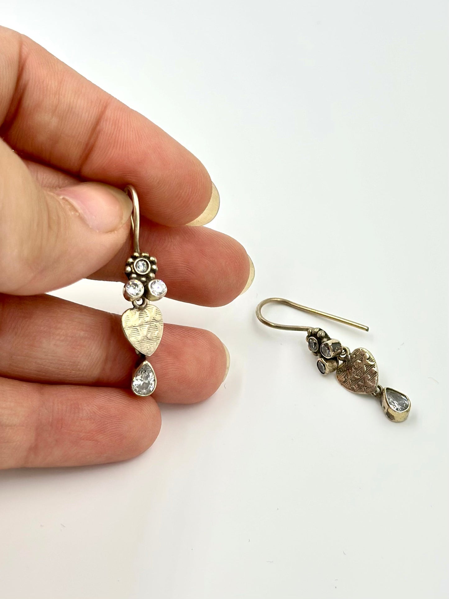 Zircon studded, cute, heart shaped oxidied sterling silver drop earrings