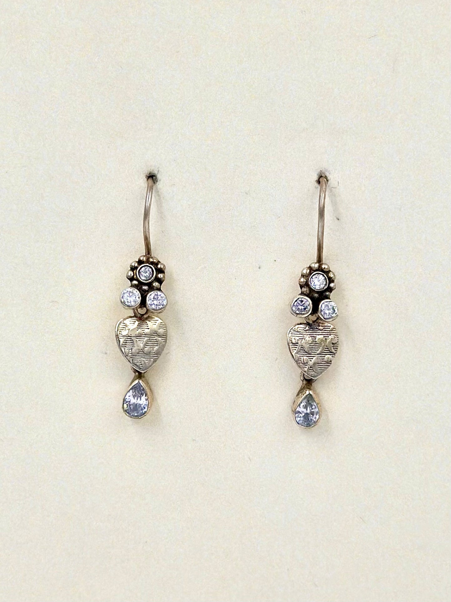 Zircon studded, cute, heart shaped oxidied sterling silver drop earrings