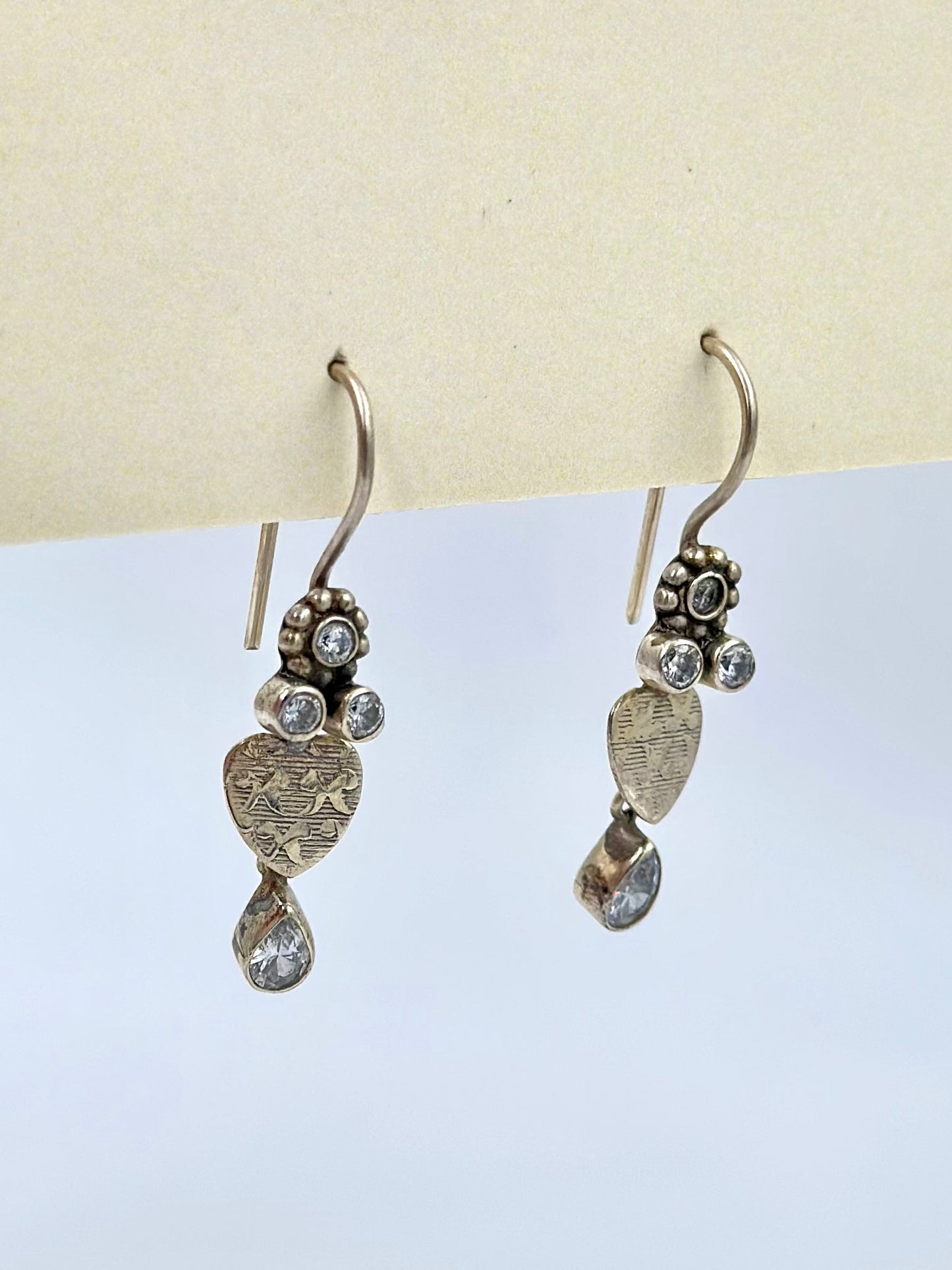 Zircon studded, cute, heart shaped oxidied sterling silver drop earrings