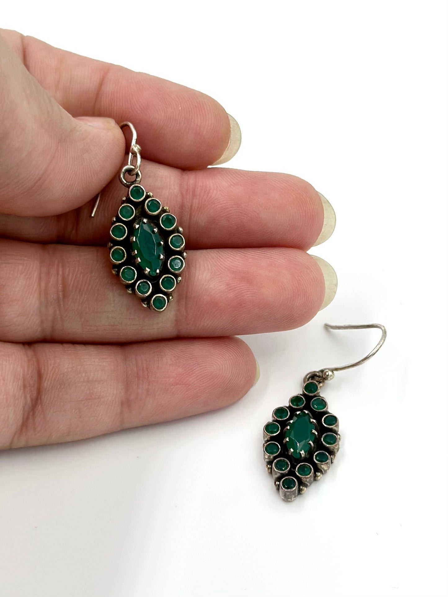 Green stones studded, pinecone shaped, oxidised, sterling silver earrings