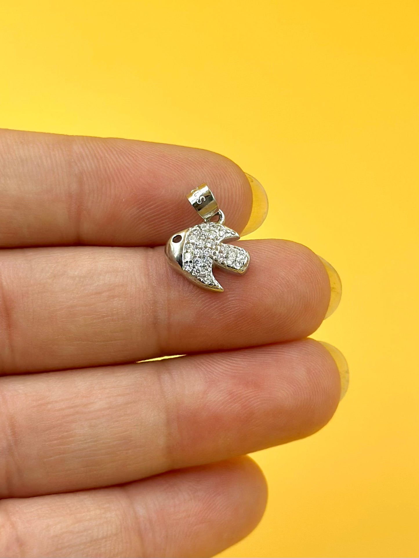 Zircon studded, fish shaped sterling silver pendant