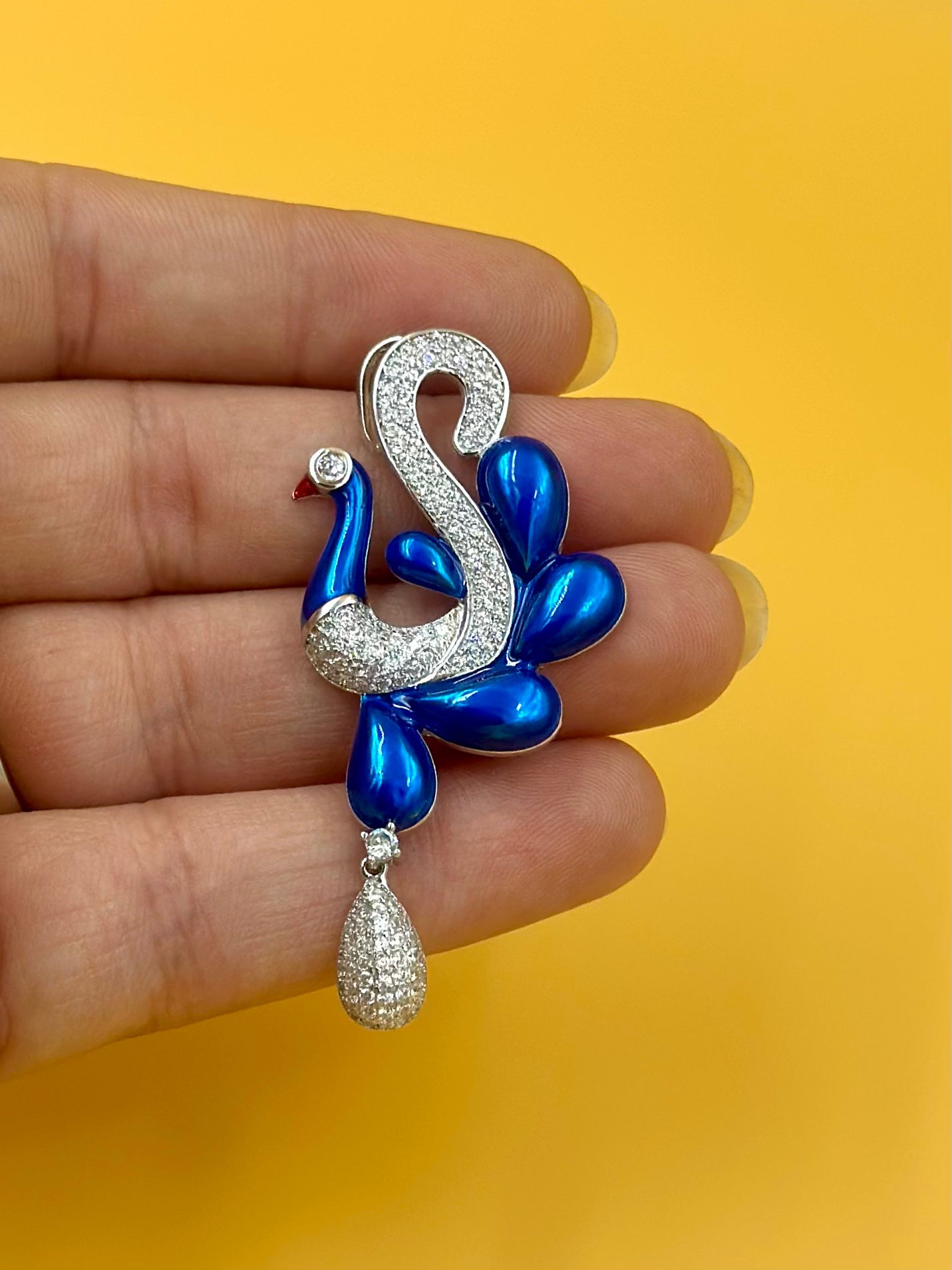 Zircon studded, enamel coated, peacock shaped sterling silver pendant