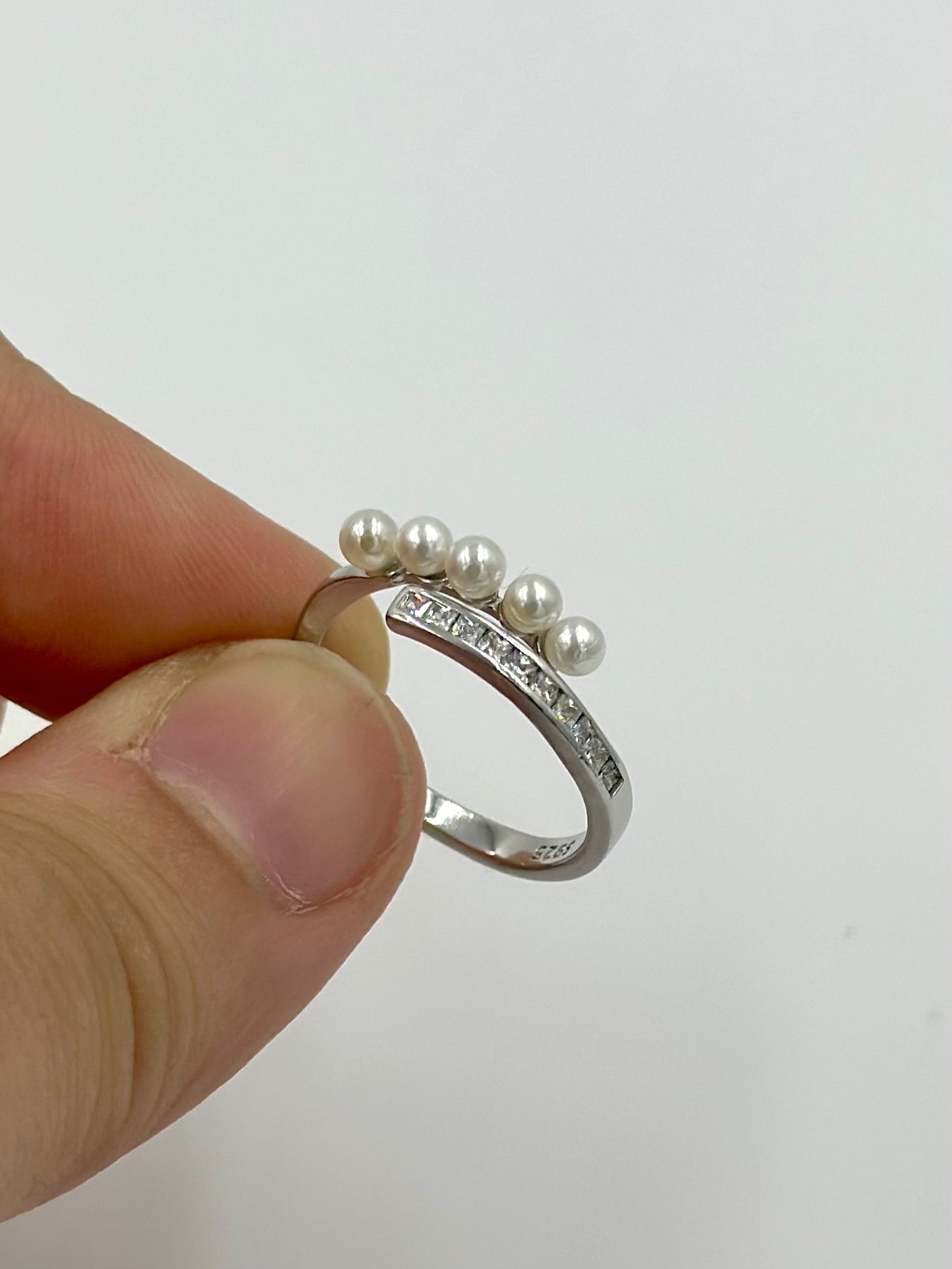 Pearls and zircon studded sterling silver artisanal ring