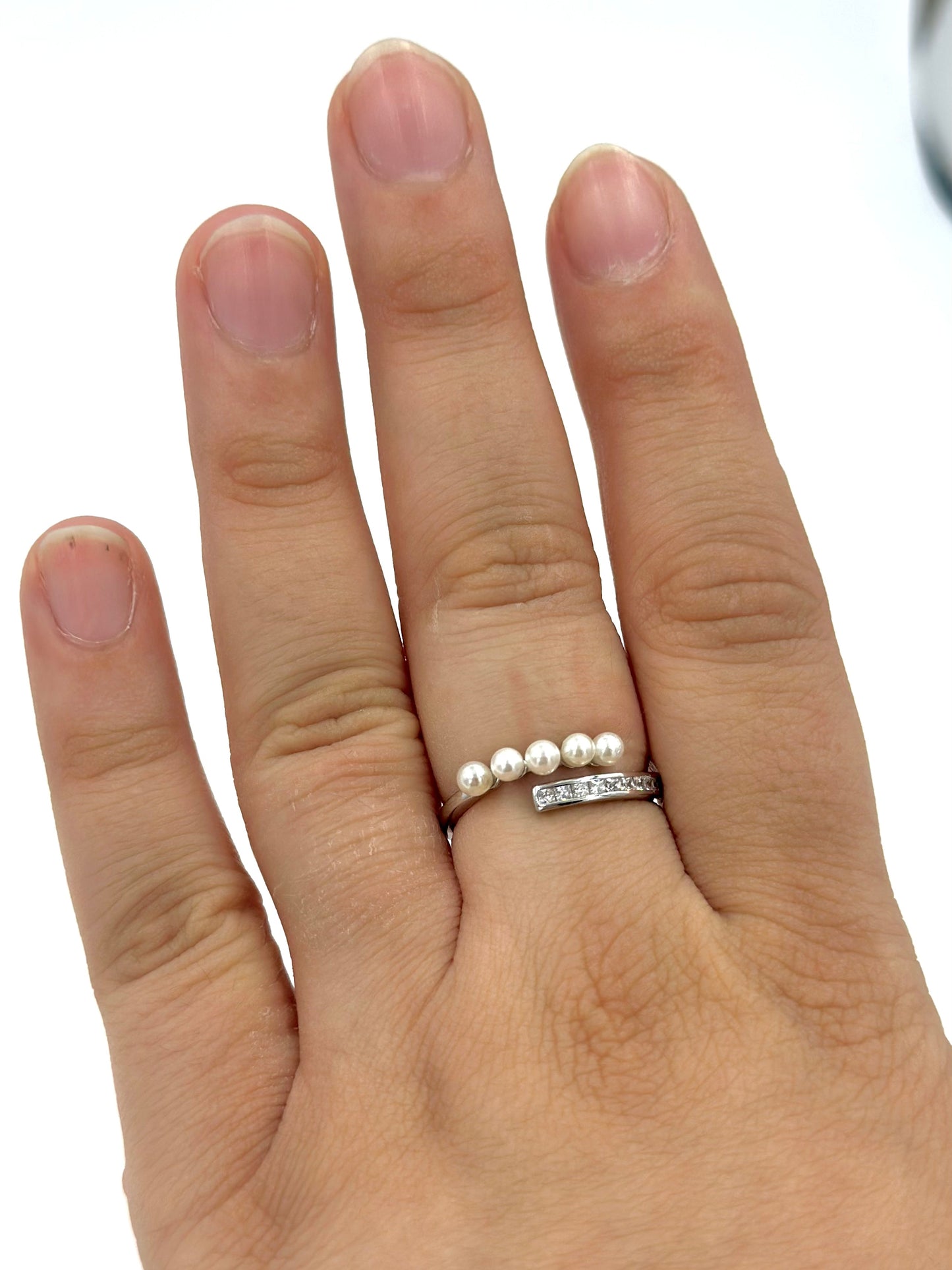 Pearls and zircon studded sterling silver artisanal ring