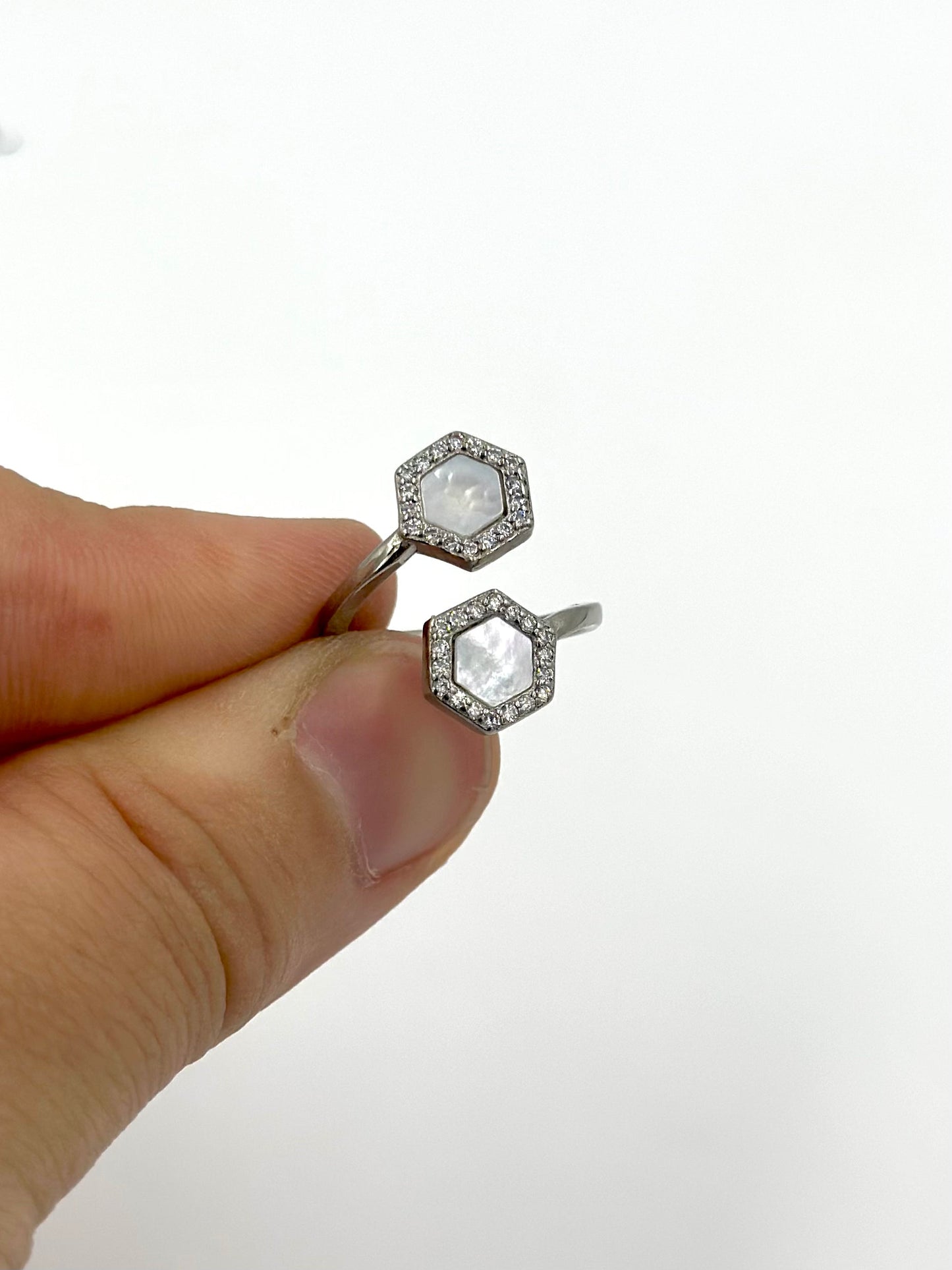 Zircon studded, hexagon shaped sterling silver artisanal ring
