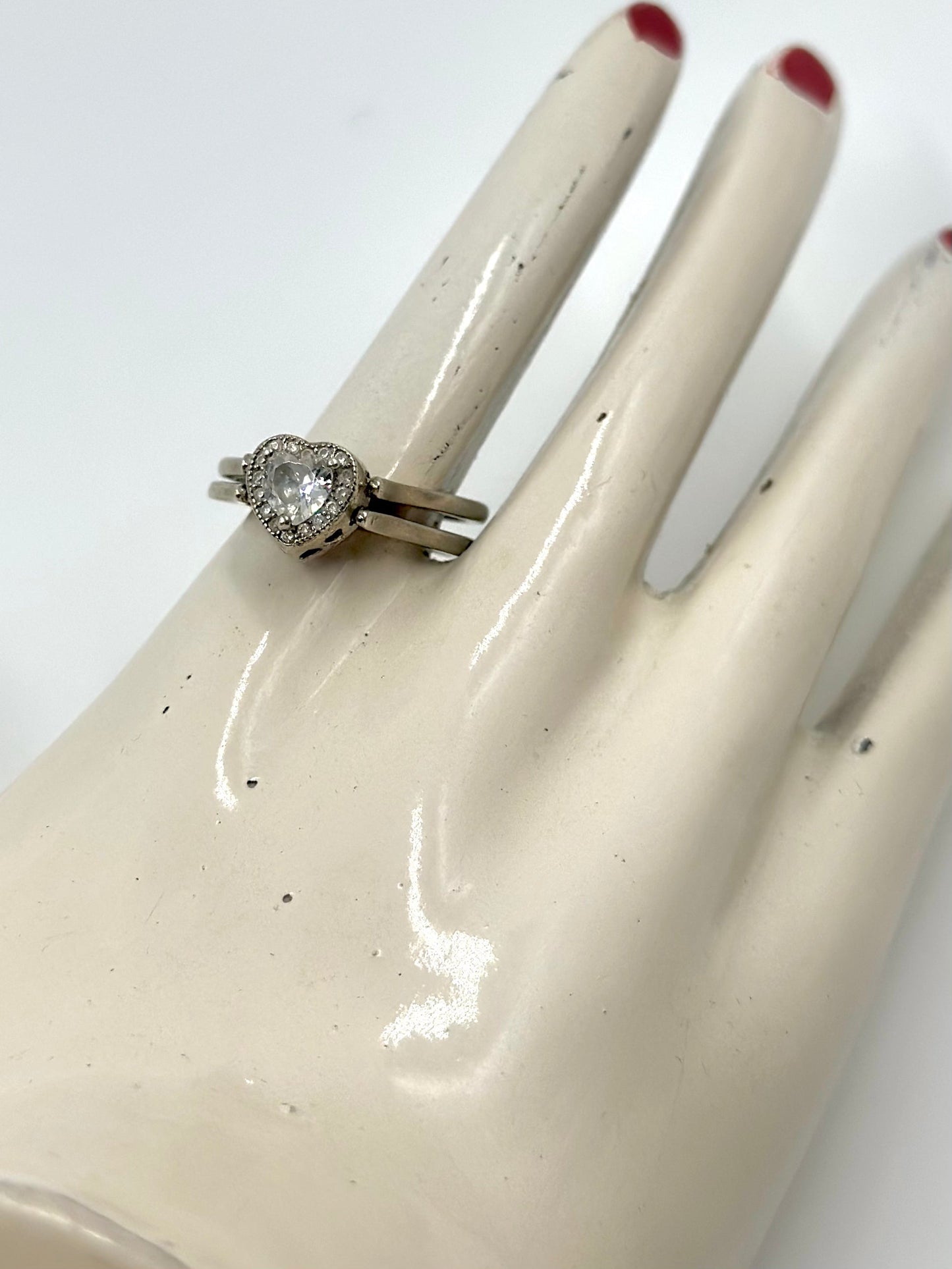 Zircon studded with a ruby, heart shaped, reversible sterling silver artisanal ring