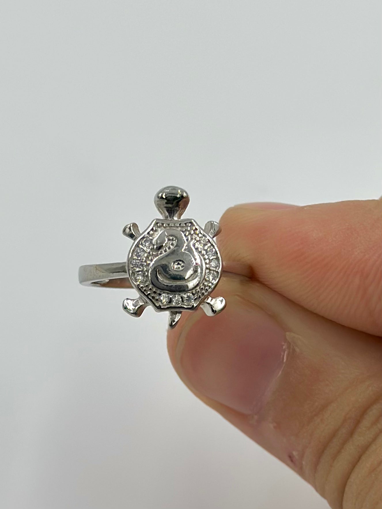 Zircon studded, turtle shaped sterling silver artisanal ring