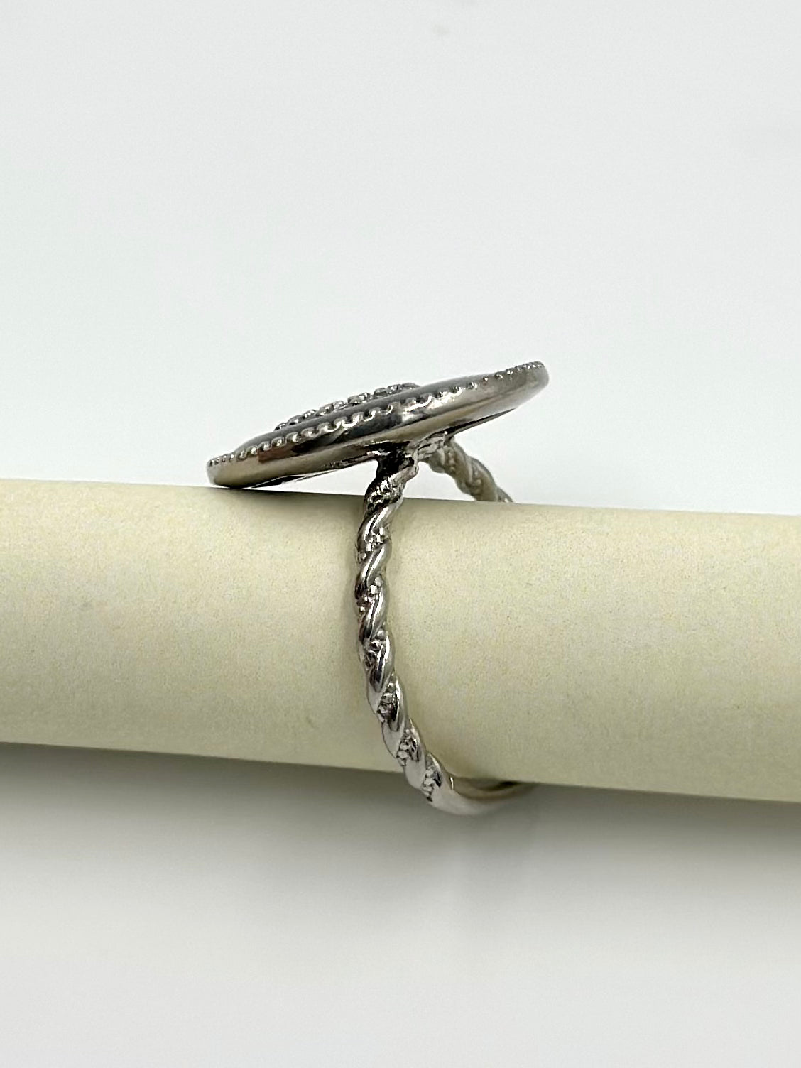 Zircon studded, round shaped sterling silver cocktail ring