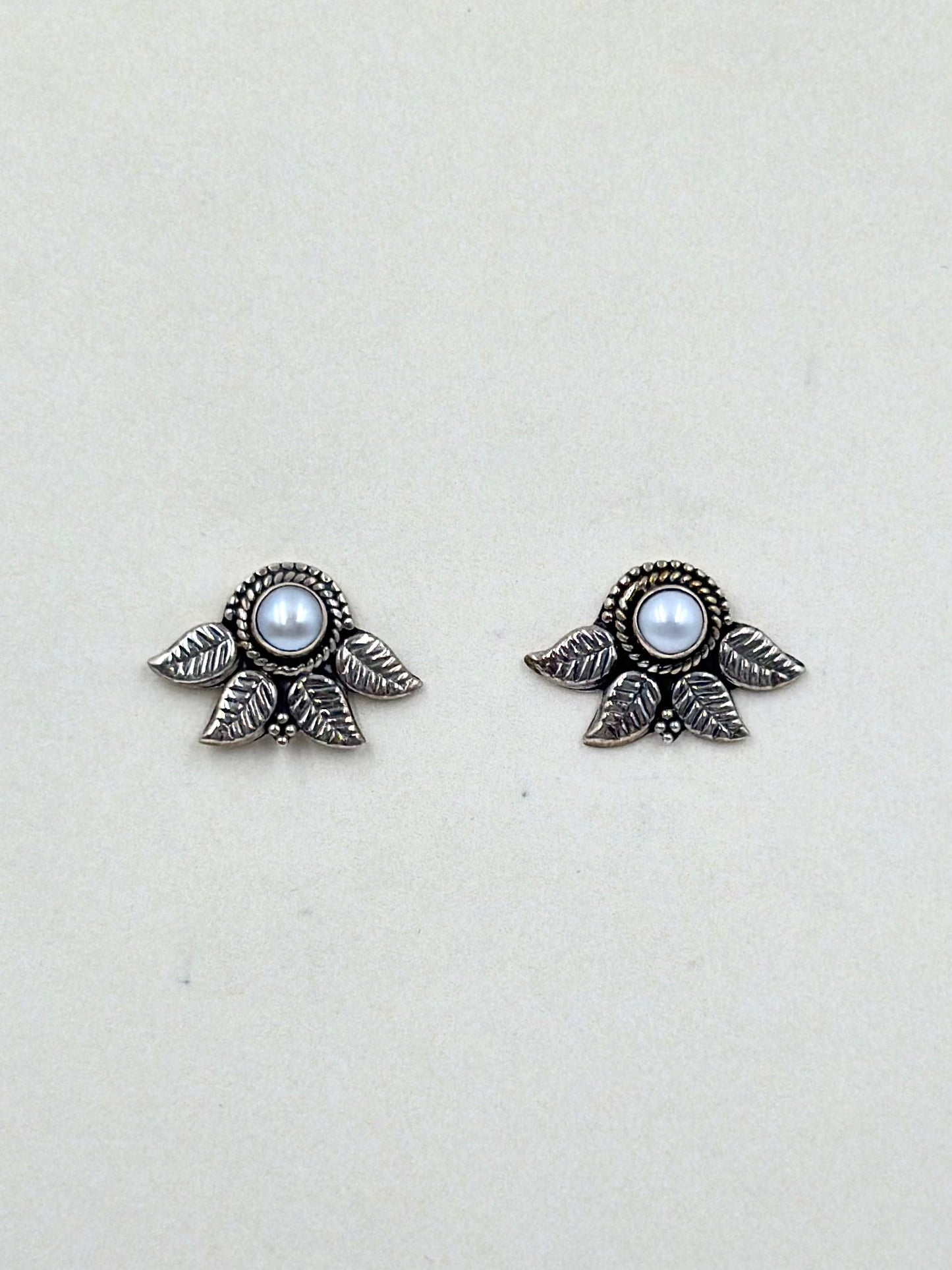 Oxidised, zircon studded, sterling silver leaf eye shaped studs