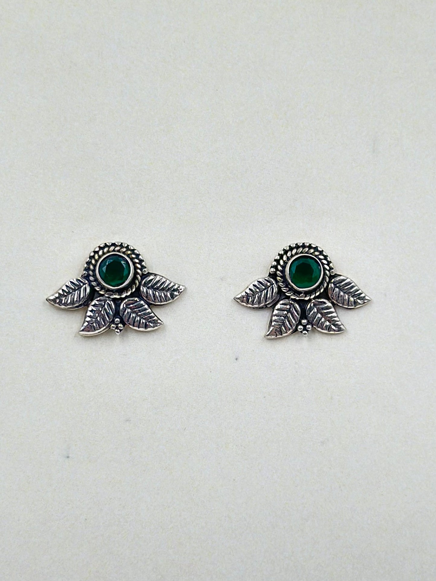 Oxidised, zircon studded, sterling silver leaf eye shaped studs